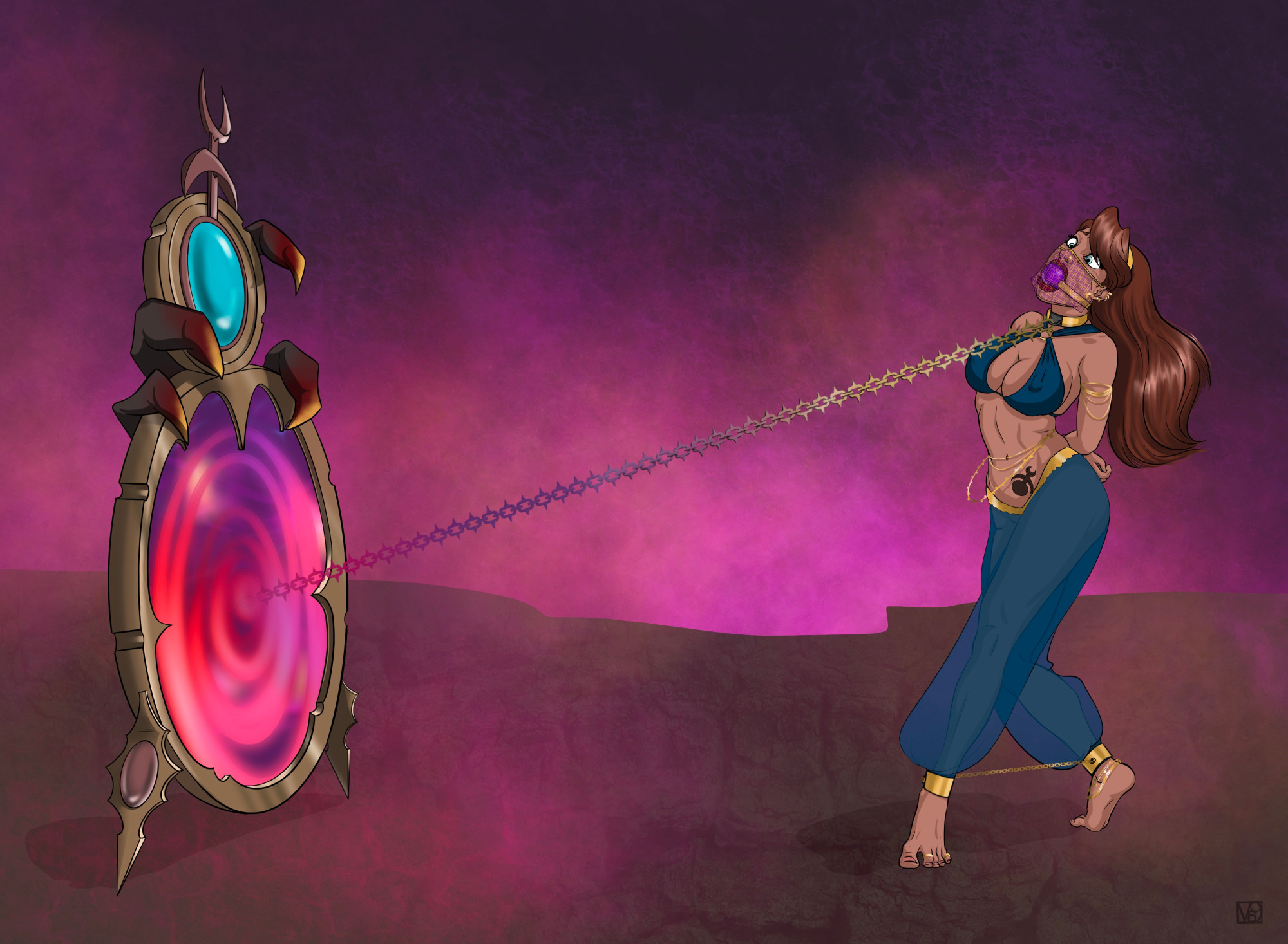 arms tied, arms tied behind back, bad end, belly dancer, belly dancer outfit, blue eyes, bondage, branding mark, brown hair, brunette hair, chain leash, chained, chains, chaos (warhammer), chaos cultist, collar, cultist, doomed, female, futile resistance, gag, gagged, gagged female, gold (metal), gold jewelry, long hair, portal, resisting, restrained, see through clothing, see-through, see-through clothing, skimpy, skimpy clothes, slaanesh mark, slaaneshi cultist, slave, slave collar, slave girl, tattoo, transparent clothing, warhammer (franchise), warhammer age of sigmar, warhammer fantasy