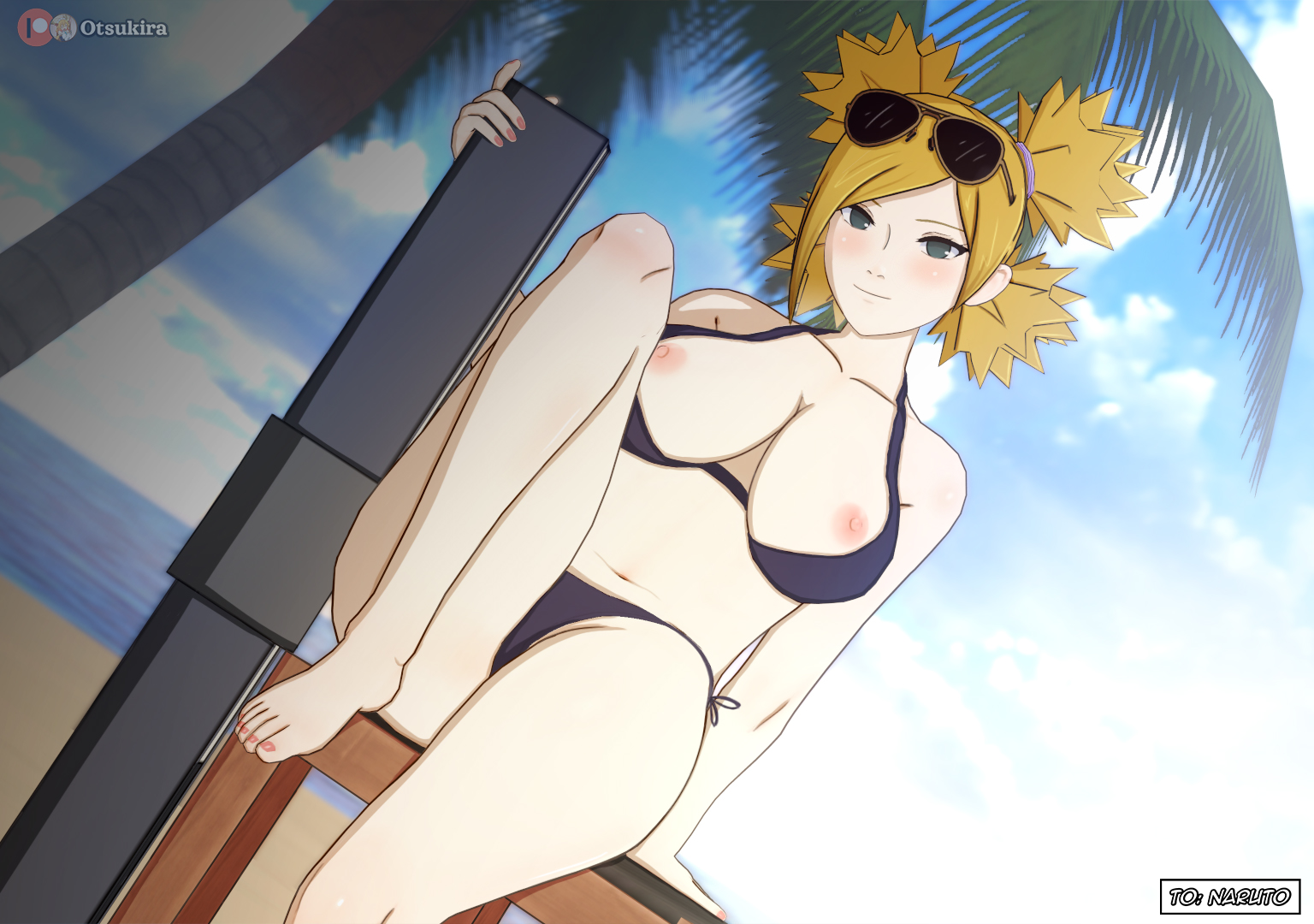 1girls, barefoot, beach, big breasts, bikini, bikini bottom, bikini top, blonde hair, boruto: naruto next generations, breasts, cleavage, commentary, exposed nipples, eyewear, eyewear on head, fan, feet, female, folding fan, holding object, huge breasts, koikatsu, large breasts, looking at viewer, mature, mature female, midriff, milf, naruto, naruto (series), nipples, otsukira, outdoors, palm tree, patreon username, ponytail, quad tails, seaside, side-tie bikini, side-tie bikini bottom, sitting, sitting on table, smile, solo, solo focus, sunglasses, sunglasses on head, swimsuit, temari, text, tree, twintails, vacation, voluptuous, watermark, weapon