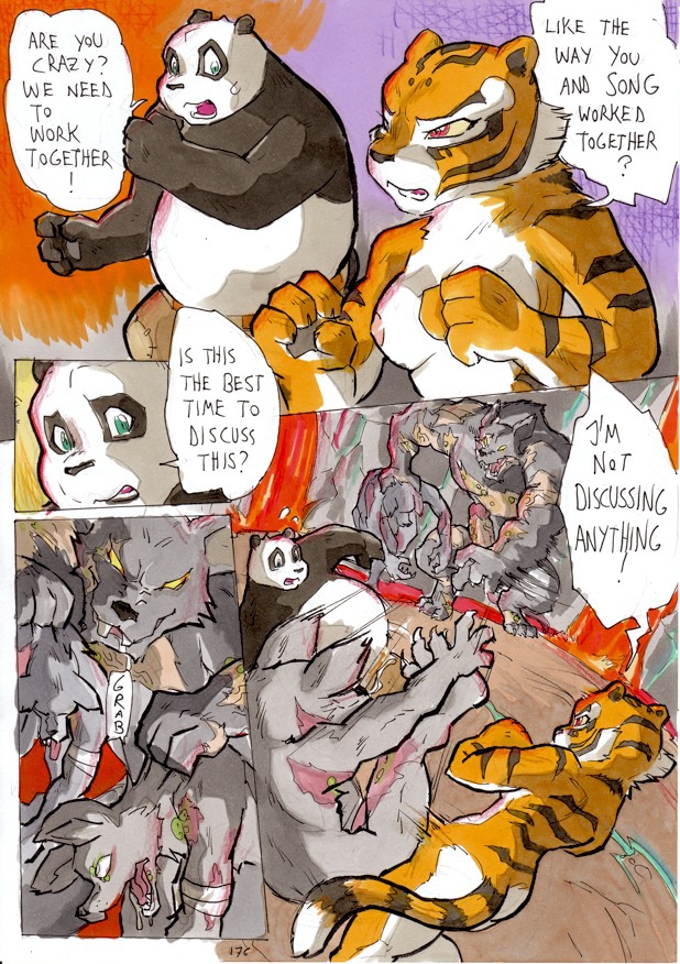 2014 anthro ass balls bear better_late_than_never big_breasts blush breasts chapter_7 comic daigaijin dialog english_text erection feline female fight kung_fu_panda male mammal master_po_ping master_tigress muscles nude page_176 panda penis punch pussy rat rodent text tiger vein