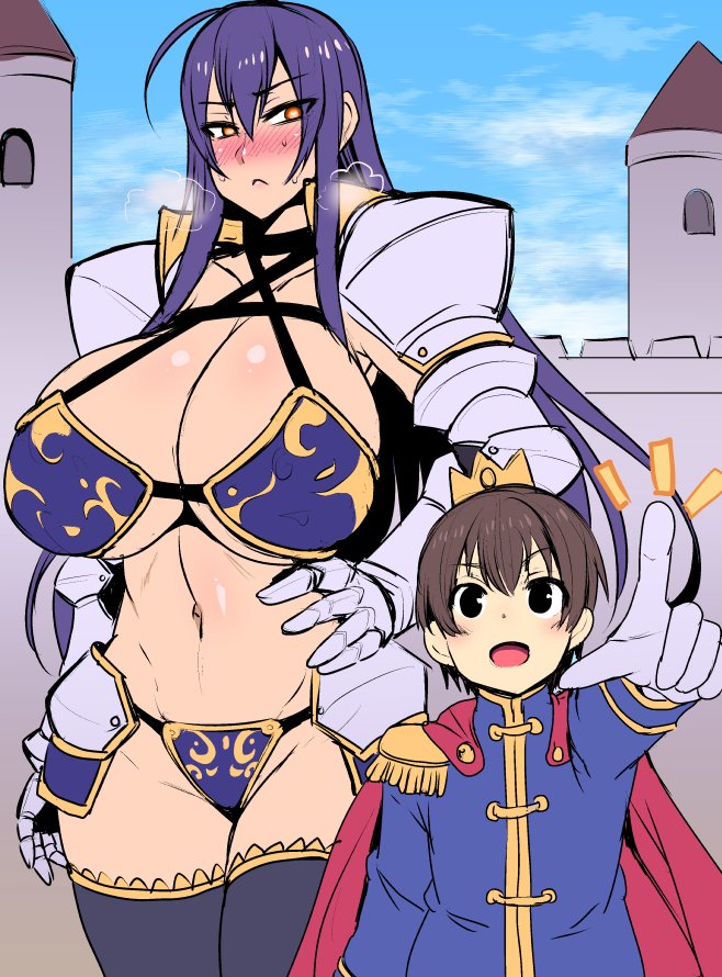 1boy, 1girls, armor, blue hair, breasts, crown, female, huge breasts, male, nishida megane, revealing armor, revealing clothes, skimpy armor, skimpy clothes, smaller male, tagme, unconvincing armor