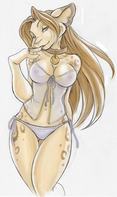 anthro babydoll breasts brown_hair collar devilkitten ear_piercing feline female fur furry hair jewelry leopard lingerie looking_at_viewer markings nightgown nipples panties piercing see-through sheer snow_leopard solo underwear yami yellow_eyes