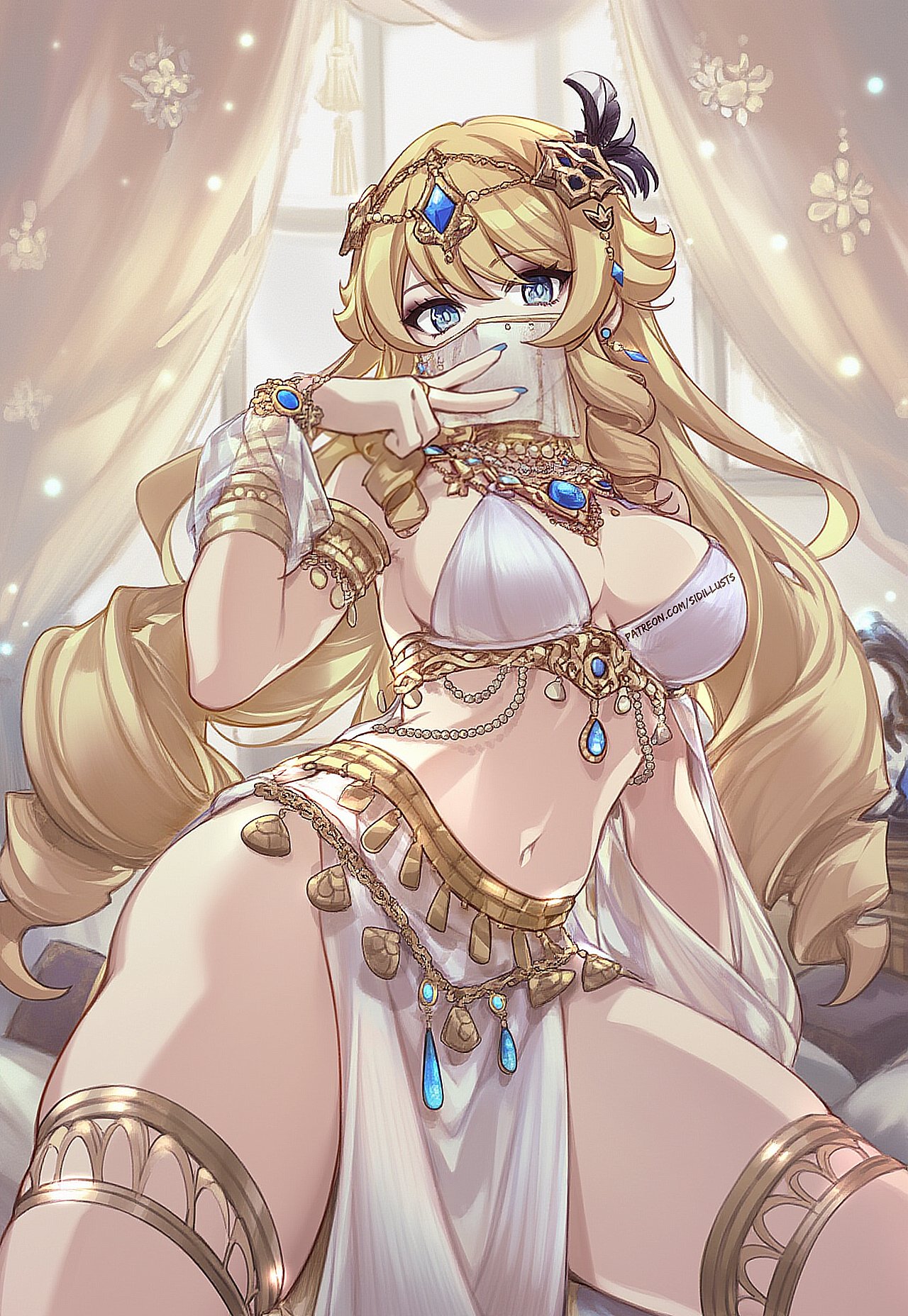 1girls, ai generated, breasts, cleavage, dancer, dancer outfit, female, female focus, female only, fontaine girls, genshin impact, large breasts, light skin, light-skinned female, navia (genshin impact), sidillusts, solo, thick thighs, thighs, wide hips