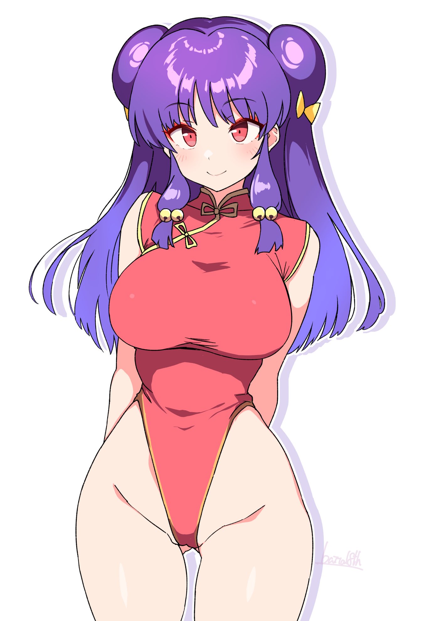 arms behind back, ass visible through thighs, bare arms, bare legs, bare shoulders, bare thighs, batta 16-sei, big breasts, blush, breasts, china dress, chinese clothes, chinese female, closed mouth, double bun, female, hair bun, highleg, long hair, purple hair, ranma 1/2, red dress, red eyes, shampoo (ranma 1/2), sleeveless dress, smile, thick thighs, thighs