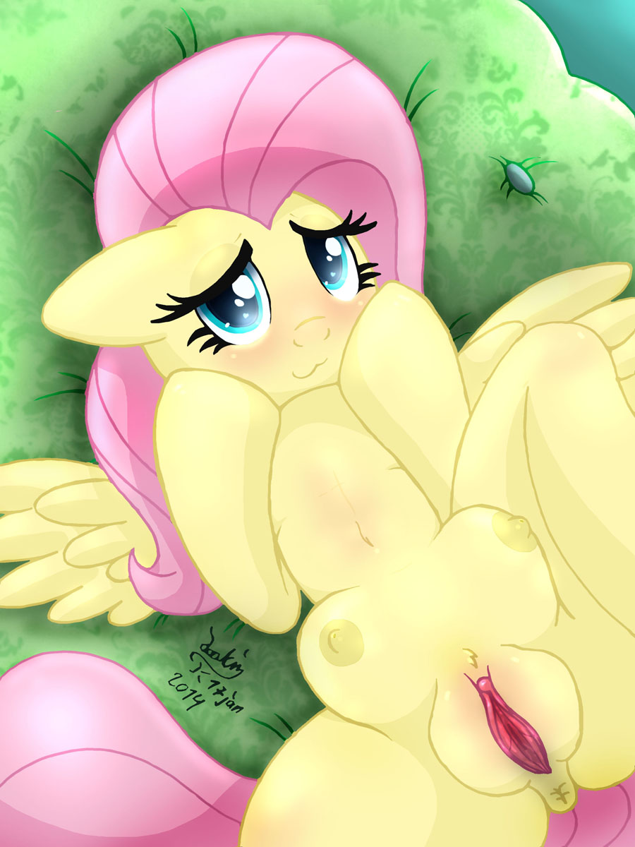 2014 above_average_crotchboobs anus blush crotchboobs equine female fluttershy_(mlp) friendship_is_magic fur furry hair horse joakaha lying mammal my_little_pony navel on_back pegasus pink_hair pony pussy solo wings yellow_fur