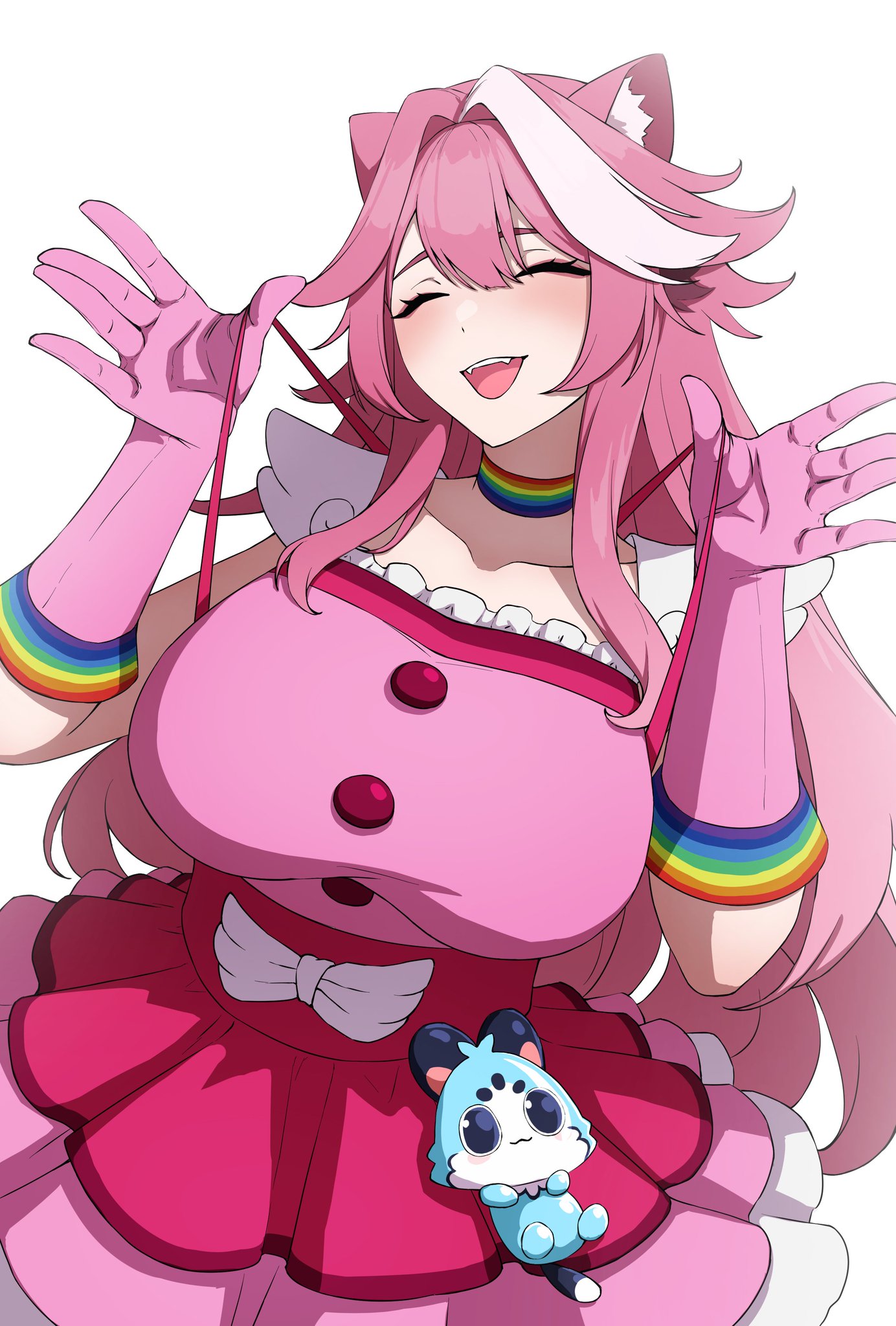 1girls, big breasts, breasts, chattino (raora panthera), clown girl, cosplay, daydarion (artist), dayyo (daydarion/day-chan), fan mascot (vtuber), female, fully clothed, geiru toneido, geiru toneido (cosplay), hololive, hololive english, hololive english -justice-, large breasts, light skin, light-skinned female, meme, pink hair, raora panthera, virtual youtuber