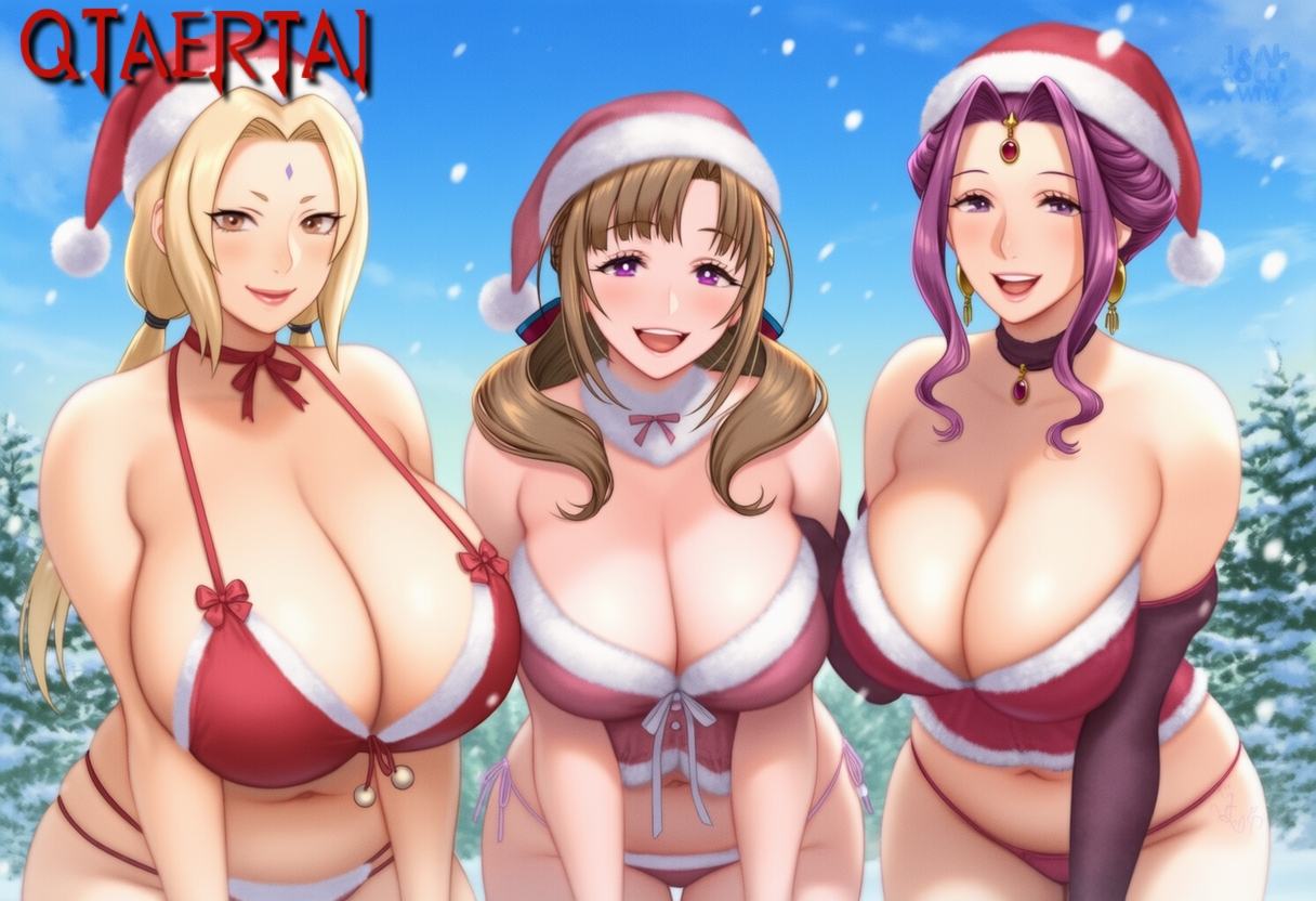 3girls, 3milfs, 3women, ai generated, big breasts, bikini, blonde hair, brunette, christmas, christmas headwear, christmas outfit, cleavage, half updo, happy, leaning forward, mature female, milf, mirelia q melromarc, mother, mothers, naruto, older female, oosuki mamako, outdoors, ponytail, purple hair, qtaert, qtaertai, smile, snow, tate no yuusha no nariagari, tsunade, tsuujou kougeki ga zentai kougeki de ni-kai kougeki no okaasan wa suki desu ka?