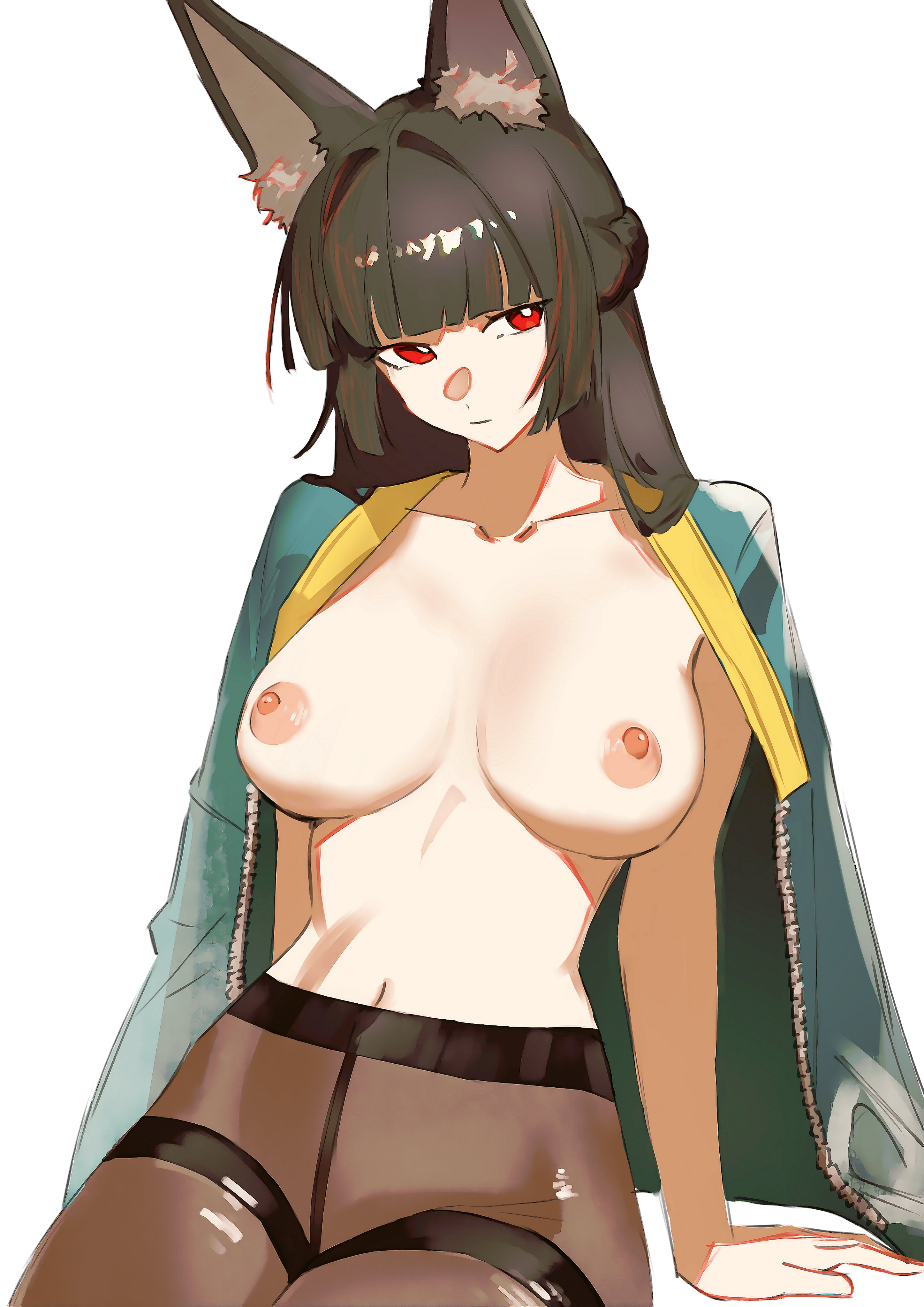 animal ears, artist request, breasts, female, hoshimi miyabi, jacket, kemonomimi, no bra, no shirt, open jacket, pantyhose, peemy, red eyes, thighband pantyhose, topless, zenless zone zero