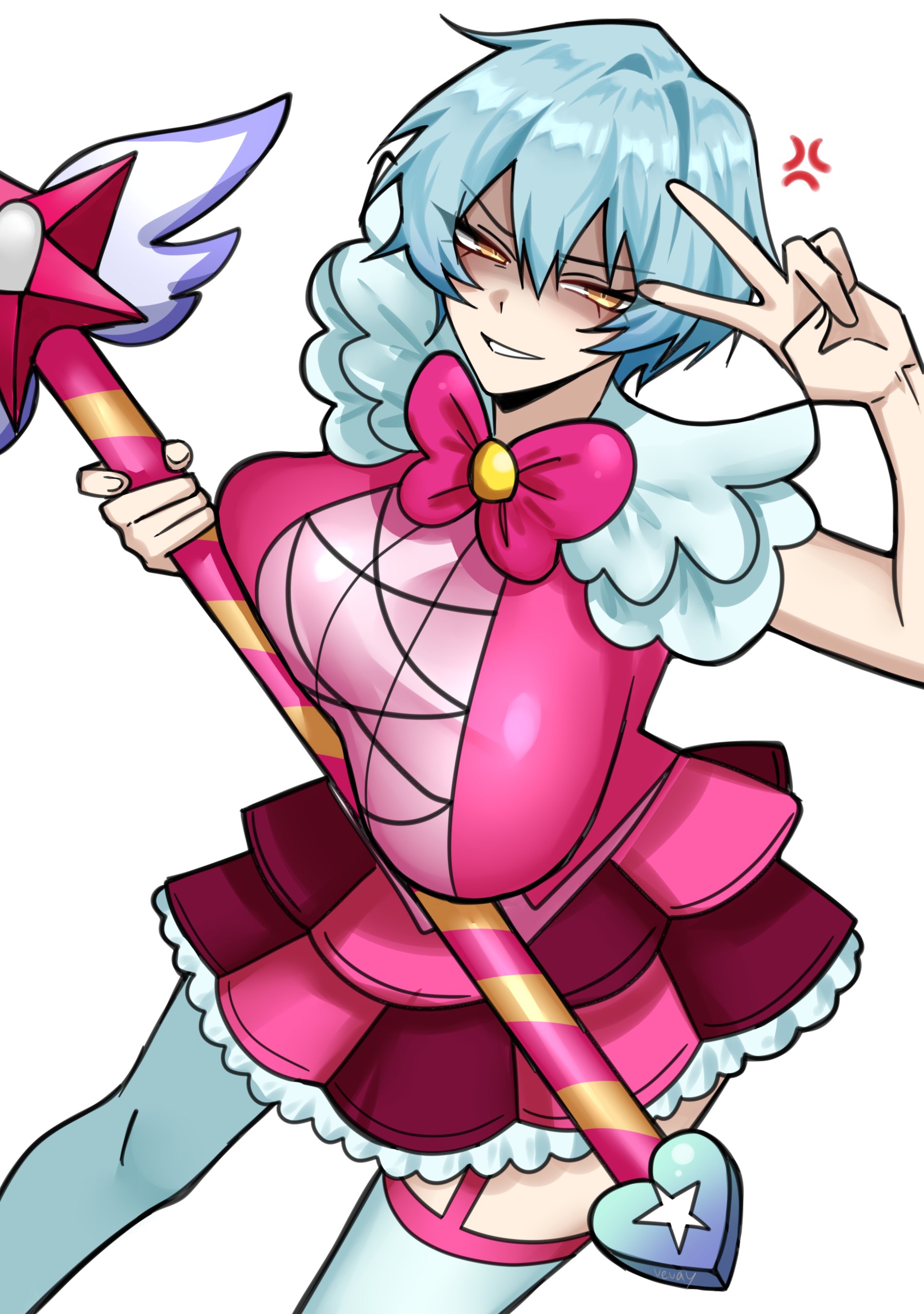 angela (library of ruina), angela (lobotomy corporation), anger symbol, angry, angry smile, big breasts, blue hair, breasts, female, library of ruina, lobotomy corporation, magical girl outfit, peace symbol, project moon, queen of hatred, staff, vvernerluniq, yellow eyes