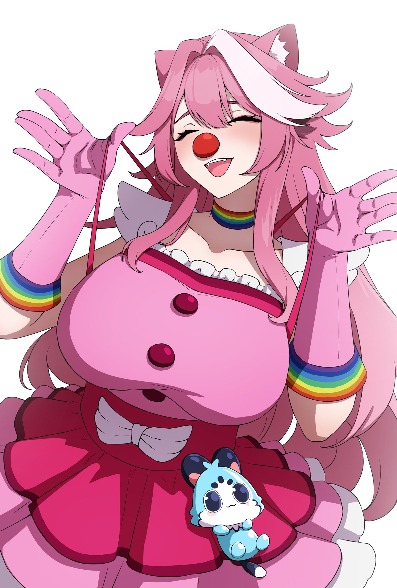 1girls, big breasts, breasts, chattino (raora panthera), clown girl, fan mascot (vtuber), female, fully clothed, geiru toneido (cosplay), hololive, hololive english, hololive english -justice-, light skin, light-skinned female, meme, pink hair, raora panthera, virtual youtuber