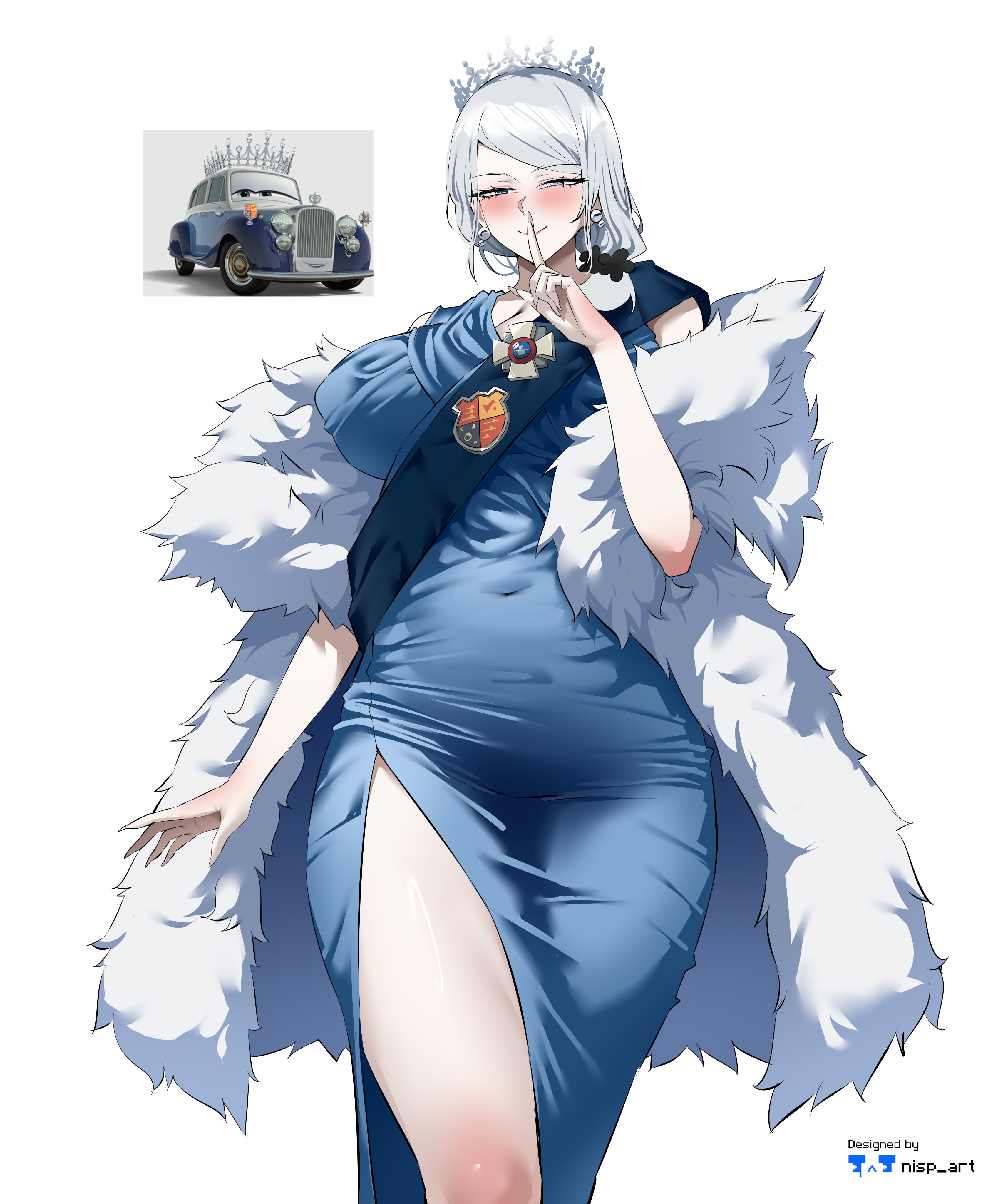 blue dress, blue eyes, cars (film), crown, earrings, elegant, fur, fur coat, milf, nisp art, queen elizabeth ii, tiara, white hair