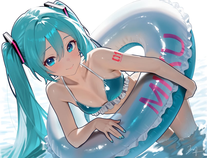1girl, 1girls, absurd res, aqua bikini, aqua eyes, aqua hair, aqua nails, artist signature, bangs, bare arms, bare shoulders, bent over, bikini, blue bikini, blush, breasts, closed mouth, collarbone, female only, frilled bikini, frills, hair between eyes, hair ornament, halterneck, hatsune miku, highres, holding, holding innertube, inflatable toy, innertube, leaning forward, long hair, looking at viewer, nail polish, number tattoo, ocean, ocean background, shoulder tattoo, signature, small breasts, smile, solo, solo female, swimsuit, tattoo, twintails, very long hair, vocaloid, wading, water, wuhe2233pz