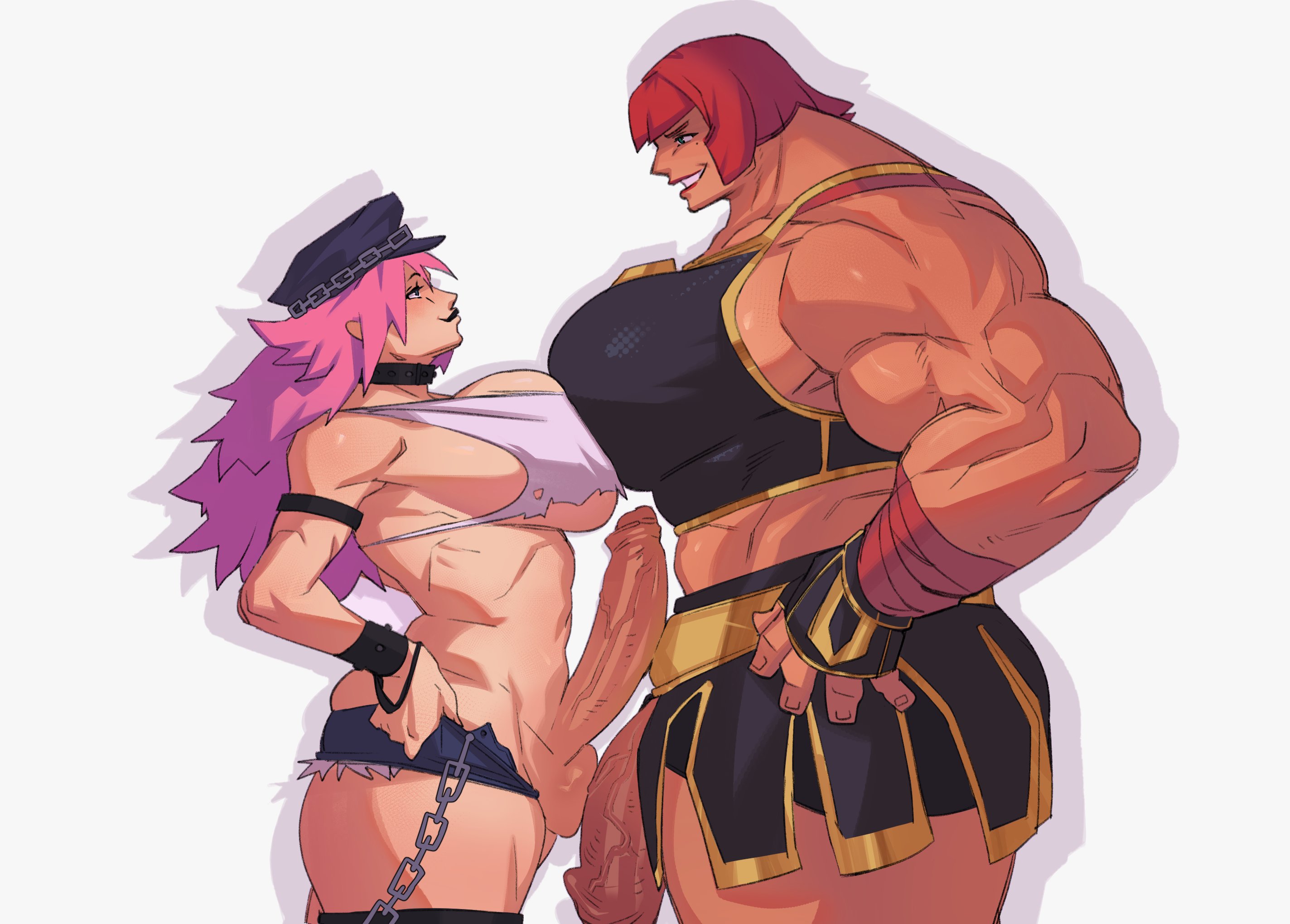 2futas, asymmetrical docking, balls touching penis, black tank top, cutoffs, denim, denim shorts, erect penis, erection, exposed glans, exposed penis, extreme muscles, eye contact, final fight, futa on futa, futanari, grin, huge breasts, kekz0, long hair, marisa rossetti, muscular futa, penis, penis out, penises touching, pink hair, poison (final fight), short hair, simple background, skirt, standing, street fighter, street fighter 6, trans woman, transfem, vein, veiny penis, white tank top