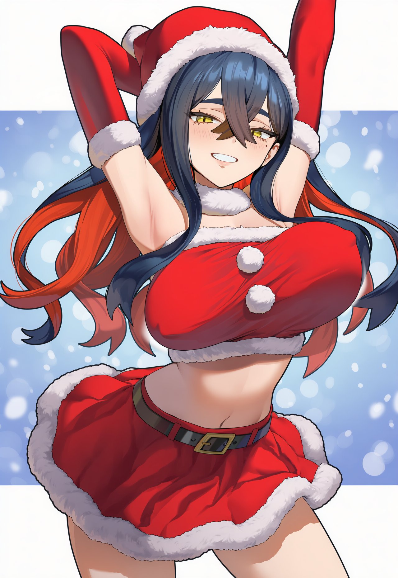 1girls, ai generated, armpits, bangs, bare shoulders, belt, big breasts, black hair, blush, breasts, carmine (pokemon), christmas, christmas outfit, circle ueponzu, covered nipples, elbow gloves, eyebrows visible through hair, female, fur trim, game freak, gloves, grin, hair between eyes, hat, large breasts, long hair, looking at viewer, midriff, miniskirt, navel, nintendo, pokemon, pokemon sv, red capelet, red skirt, skirt, smile, solo, standing, yellow eyes