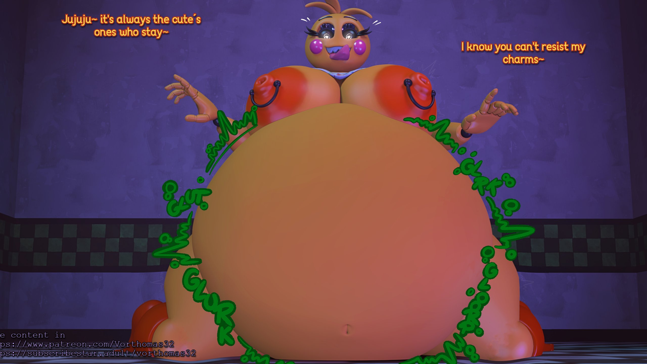 1girls, animatronic, animatronic female, belly, belly bulge, big belly, big belly bulge, big breasts, bigger female, breasts, female, female focus, five nights at freddy's, five nights at freddy's 2, furry, furry female, furry pred, human prey, hyper, hyper belly, hyper breasts, hyper thighs, large boobs, large breasts, larger female, oral vore, soft vore, toy chica (fnaf), toy chica (love taste), vore, vore belly, vorthomas82
