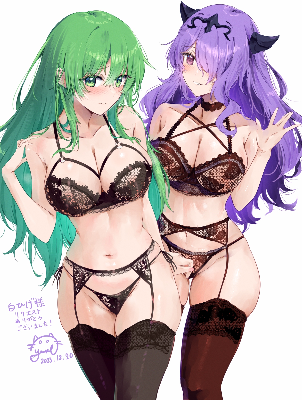 2girls, armpit crease, bare shoulders, black bra, black panties, blush, bra, breasts, brown bra, brown choker, brown panties, brown thighhighs, camilla (fire emblem), choker, cleavage, closed mouth, collarbone, commentary, embarrassed, eyebrows hidden by hair, female, female only, fire emblem, fire emblem fates, fire emblem: path of radiance, fire emblem: radiant dawn, frown, garter belt, green eyes, green hair, grin, groin, hair between eyes, hair over one eye, hand up, highres, horns, lace, lace trim, lace-trimmed bra, lace-trimmed panties, large breasts, lingerie, long green hair, long hair, long purple hair, looking at viewer, multiple girls, navel, nephenee (fire emblem), nintendo, open mouth, panties, purple eyes, purple hair, purple hair over one eye, shy, skindentation, smile, stomach, thick thighs, thighhighs, thighs, underwear, very long hair, waving, yuuri (orz commushows)
