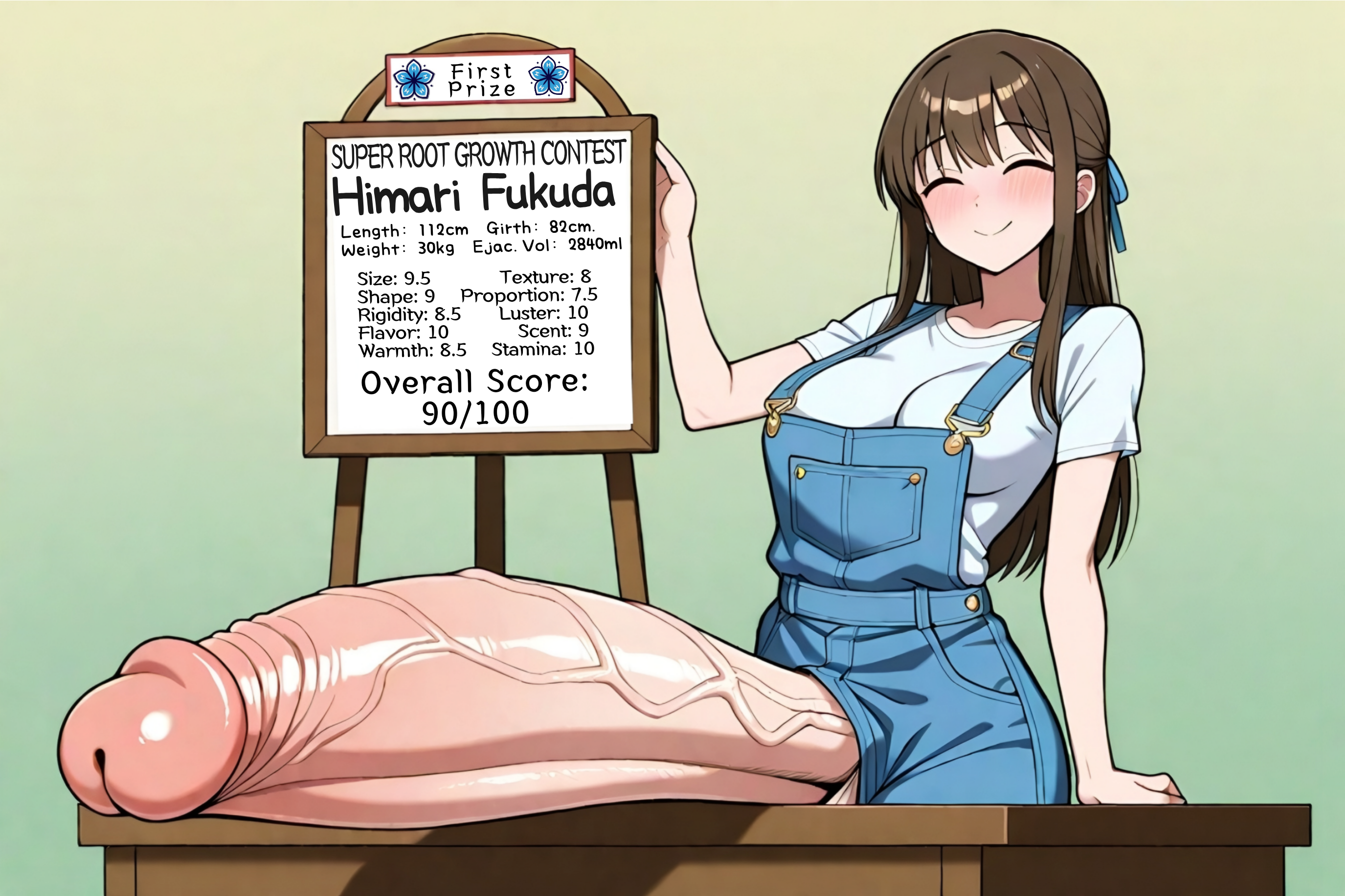 ai assisted, ai generated, big breasts, brown hair, contest, cute face, cute futa, cute girl, farmgirl, futa gen, futanari, giant penis, huge cock, hung futa, long hair, long penis, measurements, overalls, solo futa, statistics, thick penis