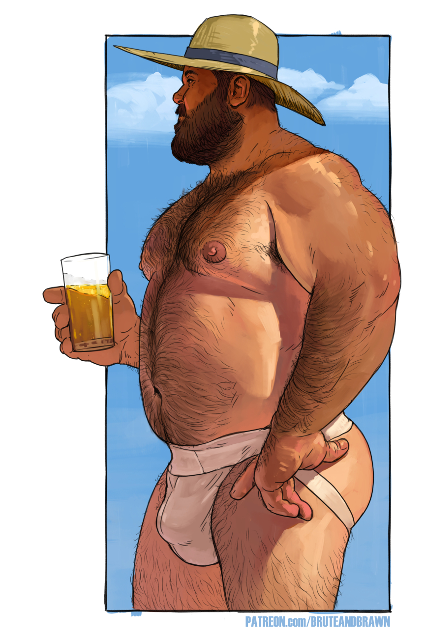 1boy, armpit hair, ass, ballsack, bara, bear (body type), beard, belly, belly hair, biceps, big biceps, blue sky, body hair, brown hair, brown pubic hair, bruteandbrawn, bulge, chest hair, chubby, dad bod, dadbod, daddy, digital media (artwork), dilf, drink, facial hair, framed image, hairy, hairy armpits, hairy arms, hairy back, hairy chest, hairy hands, hairy male, hairy shoulders, hairy stomach, hairy thighs, holding cup, holding object, human, human only, jockstrap, jockstrap only, male, male nipples, male only, male pubic hair, manly, masculine, masculine male, mature, mature male, muscles, muscular, muscular arms, muscular male, nipples, patreon, pecs, pectorals, pink nipples, pubic hair, realistic, solo, solo focus, solo male, standing, sun hat, sunlight, thick thighs, treasure trail, underwear, underwear only, url, watermark, white jockstrap, white underwear