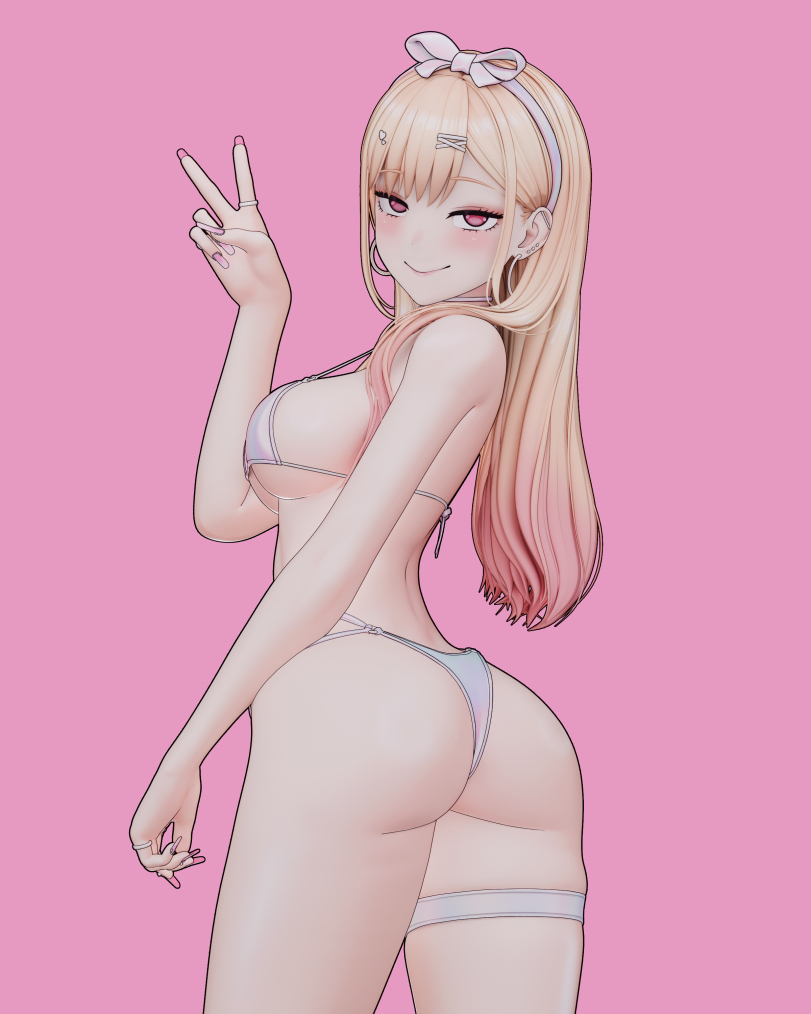 3d, ass, ass cleavage, ass crack, belly button piercing, bikini, blonde hair, butt, closed mouth smile, gluteal fold, gyaru, half-closed eyes, head tilt, kitagawa marin, kleymir, long hair, long nails, looking back, looking back at viewer, peace sign, sign, smile, smiley face, smiling, smiling at viewer, sono bisque doll wa koi wo suru, thick ass, thick butt, tilted head, v, v sign