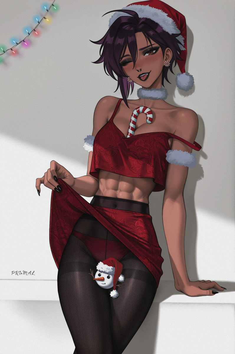 1girls, abs, armband, artist signature, belly button, black lipstick, black nails, breasts, brown eyes, brown skin, candy, choker, christmas, christmas hat, christmas lights, christmas outfit, dispatch (game), earrings, female, female focus, female only, female torso, fur, highres, invisigal, makeup, no bra, nose ring, panties, pantyhose, pattern clothing, pattern stockings, prixmal, purple hair, red panties, short hair, skirt, skirt lift, smile, snowman, thighs