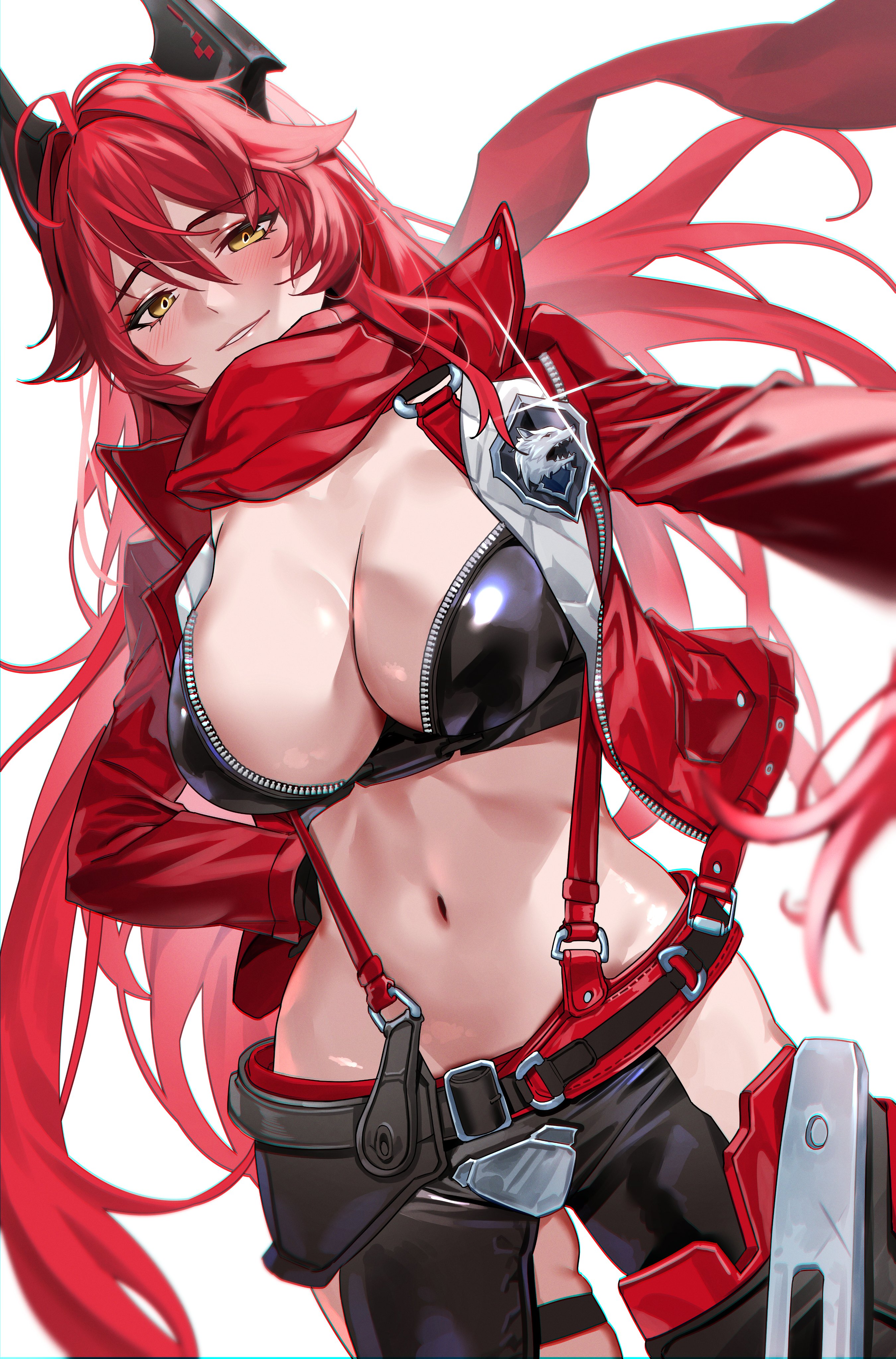 absurdres, black horns, blush, breasts, cleavage, commentary, female, female only, goddess of victory: nikke, hair between eyes, highres, horns, jacket, joacy, large breasts, long hair, long sleeves, looking at viewer, navel, red hair, red hood (nikke), red jacket, red scarf, scarf, simple background, smile, solo, standing, suspenders, white background, yellow eyes