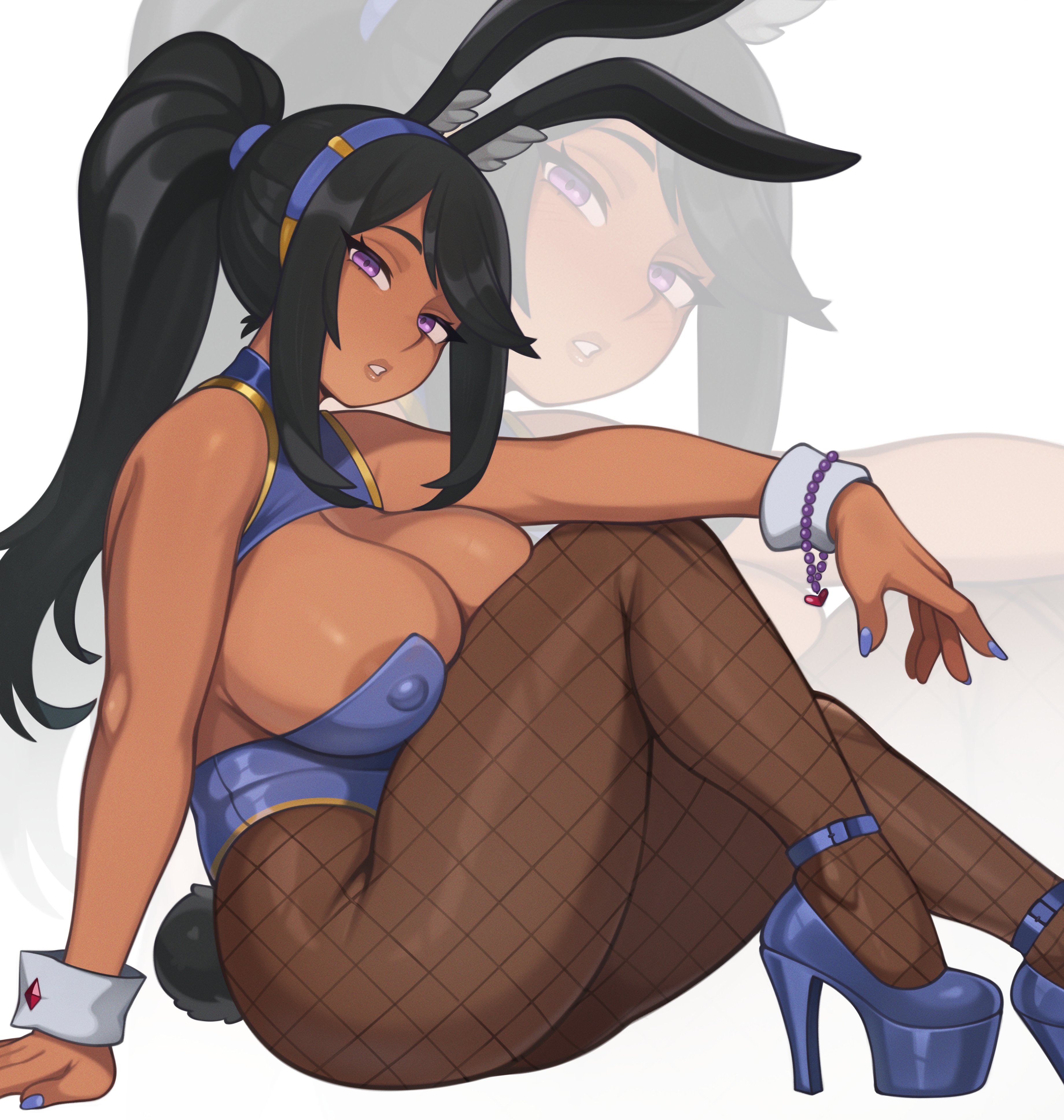absurdres, animal ear fluff, animal ears, areola slip, arm support, black hair, black pantyhose, blue hairband, blue leotard, blue nails, blue shoes, breasts, commentary, commission, covered erect nipples, dakarai (cert), dark skin, dark-skinned female, english commentary, female, fishnet pantyhose, fishnets, from side, gold trim, hairband, heart, high heels, highres, large breasts, leotard, looking at viewer, melonpuff, nail polish, original, pantyhose, parted bangs, parted lips, platform shoes, playboy bunny, ponytail, purple eyes, rabbit ears, rabbit girl, rabbit tail, shoes, sidelocks, sitting, strappy heels, tail, very long fingernails, white wrist cuffs, wrist cuffs, zoom layer