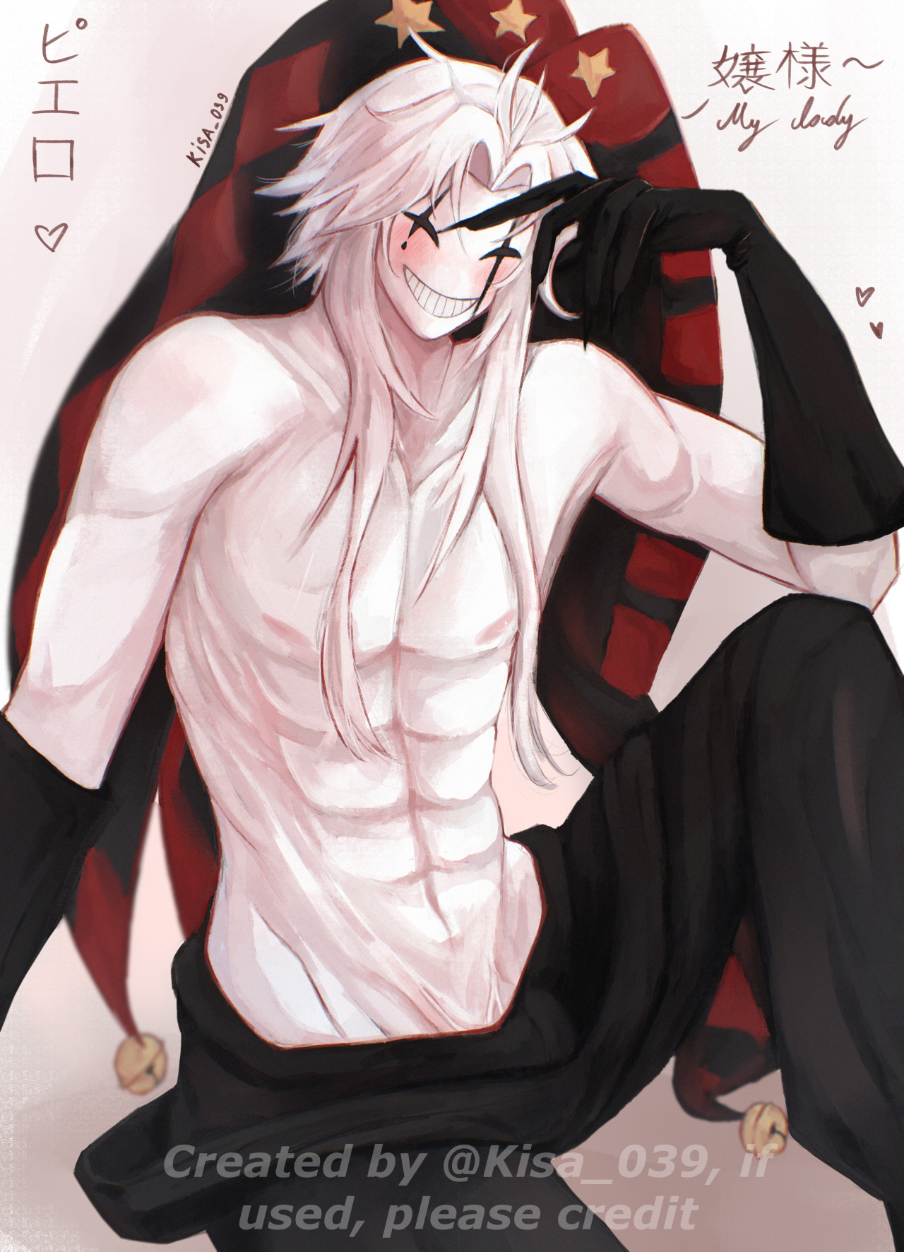 abs, circus, clown, dick, fanart, illustration, kisa 039, mask, muscular, muscular male, nails, nipples, nsfw, pants, pants down, pierrot (the freak circus), shirtless, shirtless (male), shirtless male, smile, smiley face, smiling, the freak circus, white body, white hair