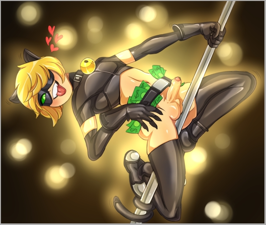 1boy, 1femboy, adrien agreste, animal ears, balls, ballsack, bell, bell collar, belt, black clothing, blonde hair, blonde-haired male, boysuit, cat boy, cat ears, cat noir, catboy, cock, dick, digital media (artwork), erection, femboy, gay, happy, happy male, hero, jingle bell, light skin, light-skinned femboy, light-skinned male, male, male only, miraculous ladybug, miraculous: tales of ladybug and cat noir, money, penis, penis bulge, pointy ears, questionable, smile, smiling, stripper, stripper pole, superhero, teenage, teenage boy, teeth, teeth showing, teeth visible, tongue, tongue out