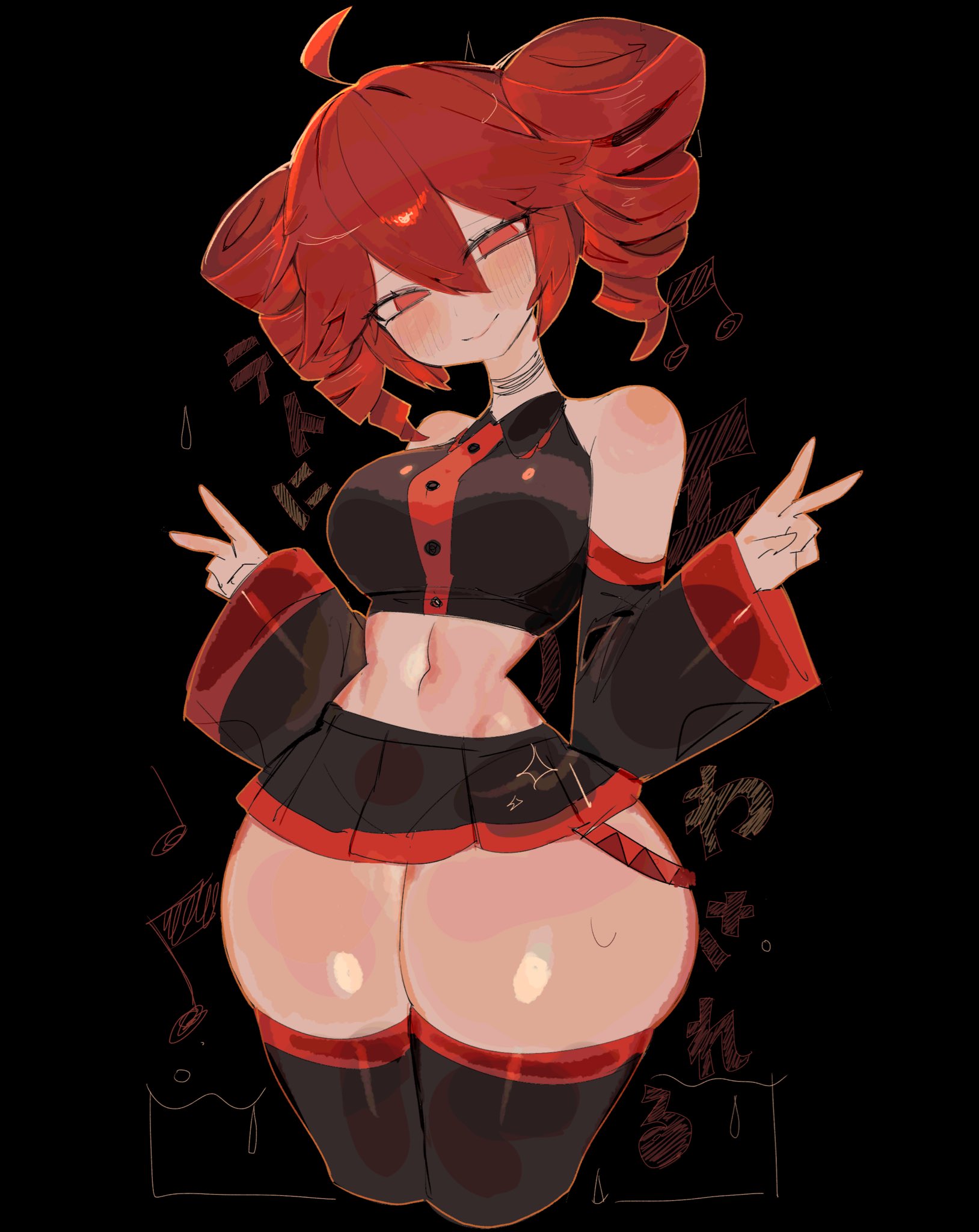 1girls, ass, big ass, big breasts, big thighs, blush, choker, clothed, clothing, double peace sign, drill hair, female, female only, hourglass figure, kasane teto, long sleeves, looking at viewer, miniskirt, navel, panties, peace sign, red eyes, red hair, revealing clothes, see-through clothing, shiny skin, short skirt, skirt, slim waist, solo, solo female, thick, thick thighs, thighhighs, thighs, twin drills, usa37107692, utau, vocaloid, wide hips