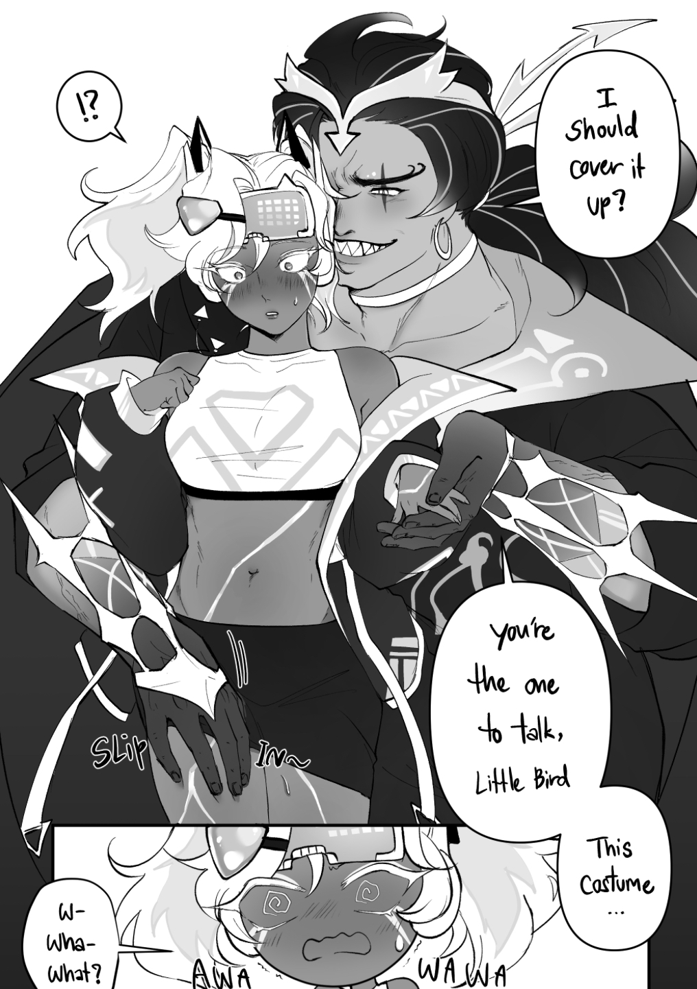 1boy, 1girls, akikung7400, architect of abundance, black and white, breasts, burning spice cookie, burningcheese, comic, comic page, cookie run, cookie run kingdom, destroyer of virtual worlds, female, flushed, golden cheese cookie, holding hand, sharp teeth, size difference, spiral eyes, surprised expression, text, thighs, touching thigh