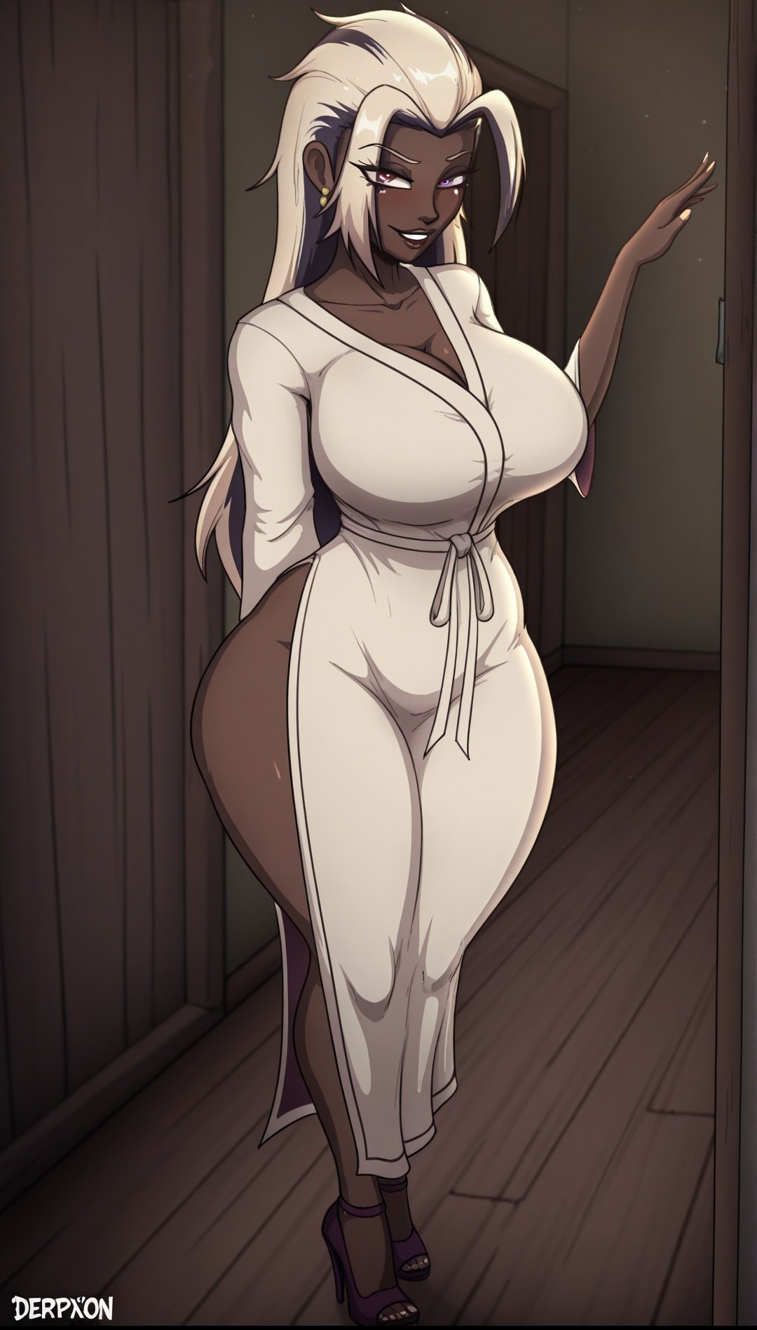 ai generated, bathrobe, big ass, big breasts, dark-skinned female, derpixon, fandeltales, herzha, herzha (seductress form), high heels, robe, smile, suductive, thick thighs