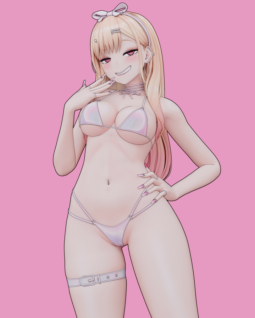3d, belly button piercing, bikini, blonde hair, gyaru, half-closed eyes, hand on hip, hand to face, kitagawa marin, kleymir, long hair, long nails, pussy visible through bikini, smiling, sono bisque doll wa koi wo suru