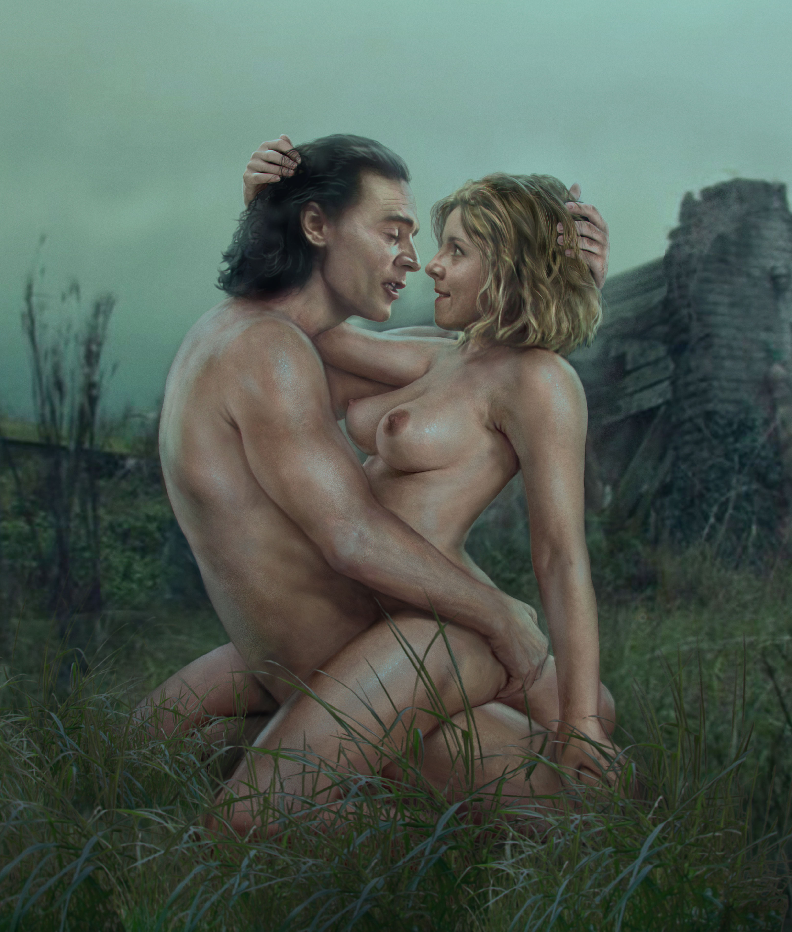 1boy, 1boy1girl, 1female, 1female1male, 1girls, 1male, 1male1female, ambiguous penetration, amelodyj, asgardian, blonde female, blonde hair, blonde-haired female, blue eyes, breasts, closed eyes, cowgirl, cowgirl position, dark hair, disney+, female, grabbing, grabbing butt, grabbing head, grass, grass field, hand on hair, hand on head, holding, holding butt, holding each other, intimacy, intimate, light skin, light-skinned female, light-skinned male, loki (marvel), loki (series), looking at partner, male, marvel, marvel cinematic universe, marvel comics, mcu, moaning, nude, nude female, nude male, on knees, outside, outside sex, realistic, riding, riding penis, ruins, sex, sitting, smile, sophia di martino, sylvie laufeydottir, tom hiddleston