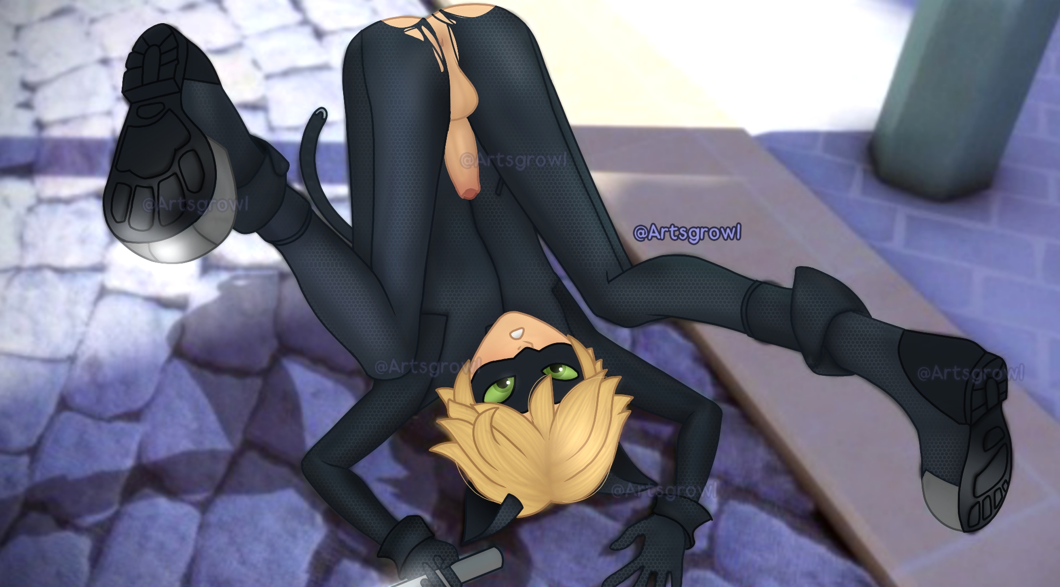 1boy, 1femboy, 2d, 3d background, accidental exposure, adrien agreste, anus, artist name, artsgrowl, ass, balls, ballsack, black clothing, blonde hair, blonde-haired male, bodysuit, cat ears, cat noir, clothed, clothed male, cock, color, dick, digital media (artwork), domino mask, edit, femboy, foreskin, full color, light skin, light-skinned femboy, light-skinned male, male, male only, mask, masked male, miraculous ladybug, miraculous: tales of ladybug and cat noir, official art, penis, public, public exposure, public humiliation, public indecency, public nudity, ripped clothing, screencap, smile, smiling, solo, superhero, teeth, teeth showing, teeth visible, torn bodysuit, torn clothes, torn clothing, uncircumcised, upside-down