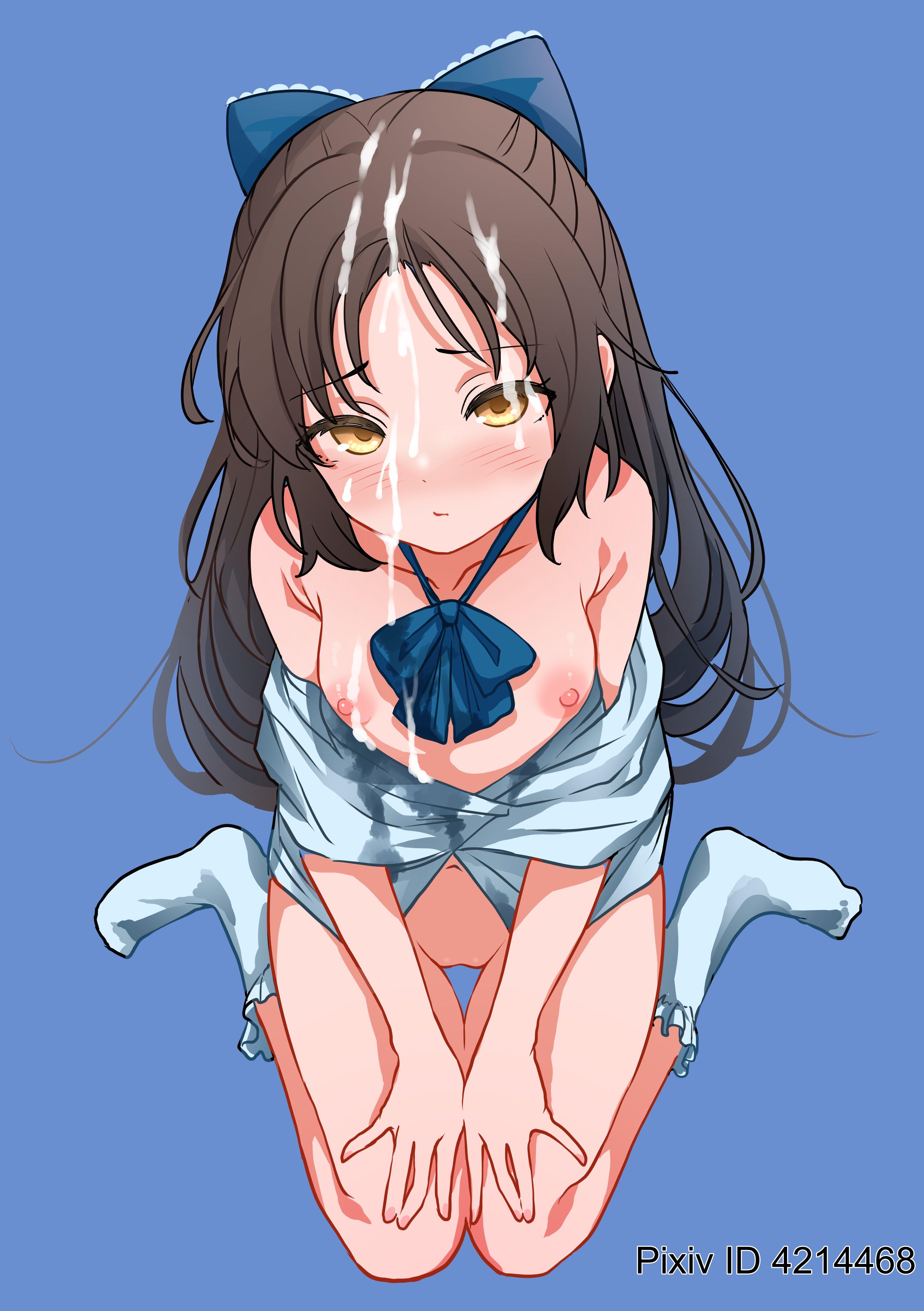1girls, areola, areolae, blue background, blue hair ribbon, blue hair tie, blue ribbon, breasts, brown eyebrows, brown eyes, brown hair, brown-eyed female, brown-haired female, cleft of venus, covered in cum, covered in semen, cum on another, cum on body, cum on breasts, cum on chest, cum on face, cum on hair, cum on nipple, cum on nipples, cum on upper body, facial, female, female only, flat belly, flat breasts, flat chest, flat chested, from above, hair ribbon, hair tie, half naked, half nude, hand on legs, hand on own legs, hand on own thighs, hand on thighs, head tilt, idolmaster, idolmaster cinderella girls, lean figure, legs folded, long hair, looking up, looking up at viewer, naked, naked female, naked woman, narrow waist, nipples, nude, nude female, nudity, petite, petite body, petite breasts, petite female, petite girl, petite tits, pixiv id 4214468, pout, pouting, pouting at viewer, pouting lips, pouty lips, pussy lips, ribbon, seiza, semen on another, semen on body, semen on breasts, semen on chest, semen on face, semen on hair, semen on upper body, semi nude, sitting, sitting on floor, sitting on ground, sitting on knees, skinny, skinny female, skinny girl, skinny waist, slender body, slender waist, slim waist, small breast, small breasts, smooth chest, socks, tachibana arisu, thigh gap, tilted head, tiny breasts, vulva, vulva line