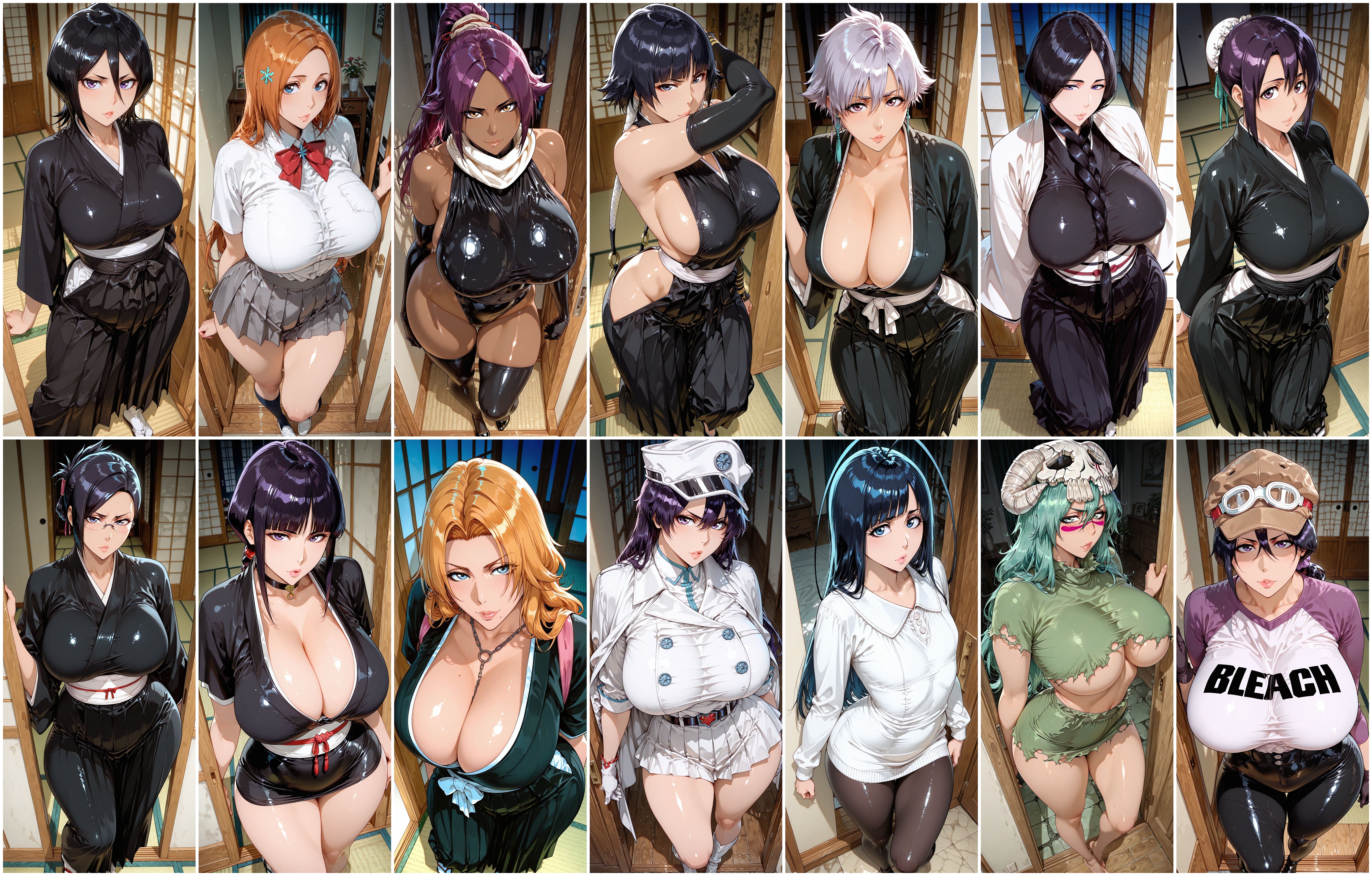 ai generated, bambietta basterbine, bleach, bleach: the thousand-year blood war, breasts, cleavage, curvy, curvy female, curvy figure, dark-skinned female, female, female only, giselle gewelle, hinamori momo, inoue orihime, kimono, kotetsu isane, kubosu, kuchiki rukia, kurotsuchi nemu, large breasts, light-skinned female, matsumoto rangiku, multiple girls, nelliel tu odelschwanck, sfw, shihouin yoruichi, soifon, sui-feng, unagiya ikumi, unohana retsu, voluptuous