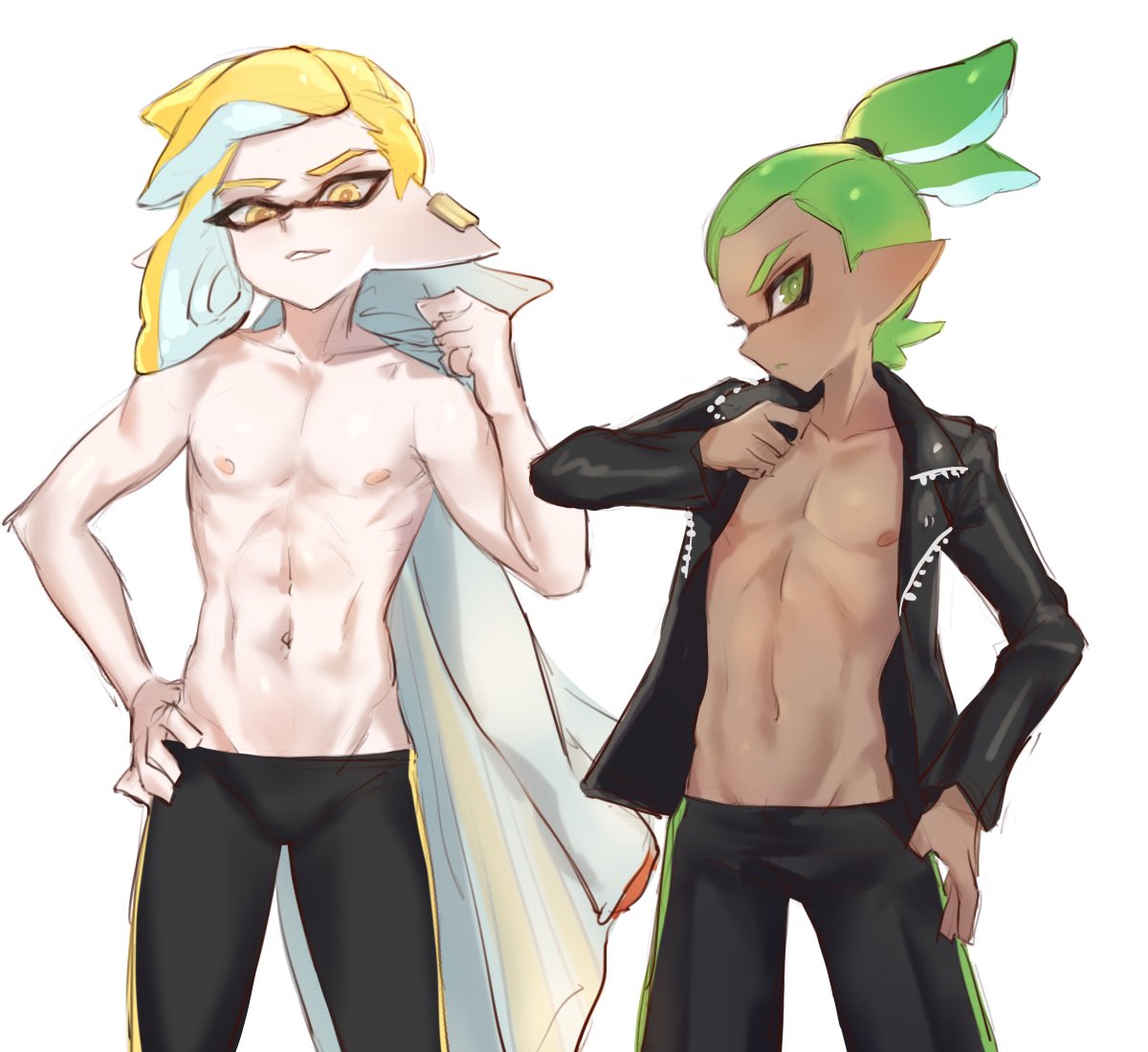 2boys color emperor_(splatoon) green_eyes green_hair inkling jtveemo light_skin male male_nipples male_only navel rider_(splatoon) splatoon splatoon_(manga) tentacle_hair tight_clothing twink yellow_eyes yellow_hair