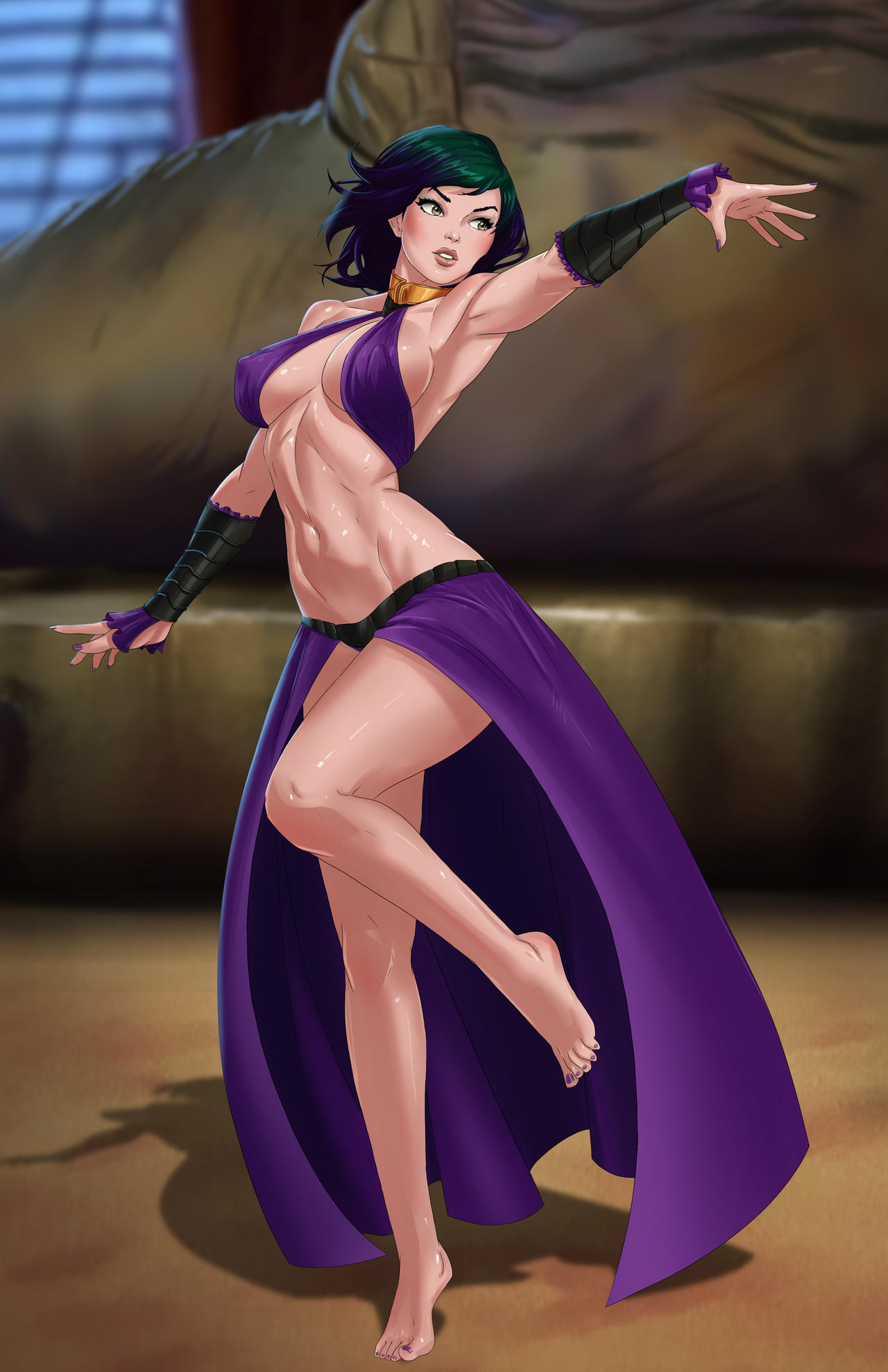 1girls, amenoosa, athletic female, belly dancer, belly dancer outfit, black hair, bocas top, collar, dancer, dancer outfit, dancing, female, female focus, green hair, harem girl, harem outfit, hazel eyes, jabba the hutt, jabba's palace, large breasts, long fingernails, medium hair, metal collar, multicolored hair, nail polish, open skirt, original character, painted fingernails, painted nails, painted toenails, slave, slave collar, slave girl, slave outfit, star wars