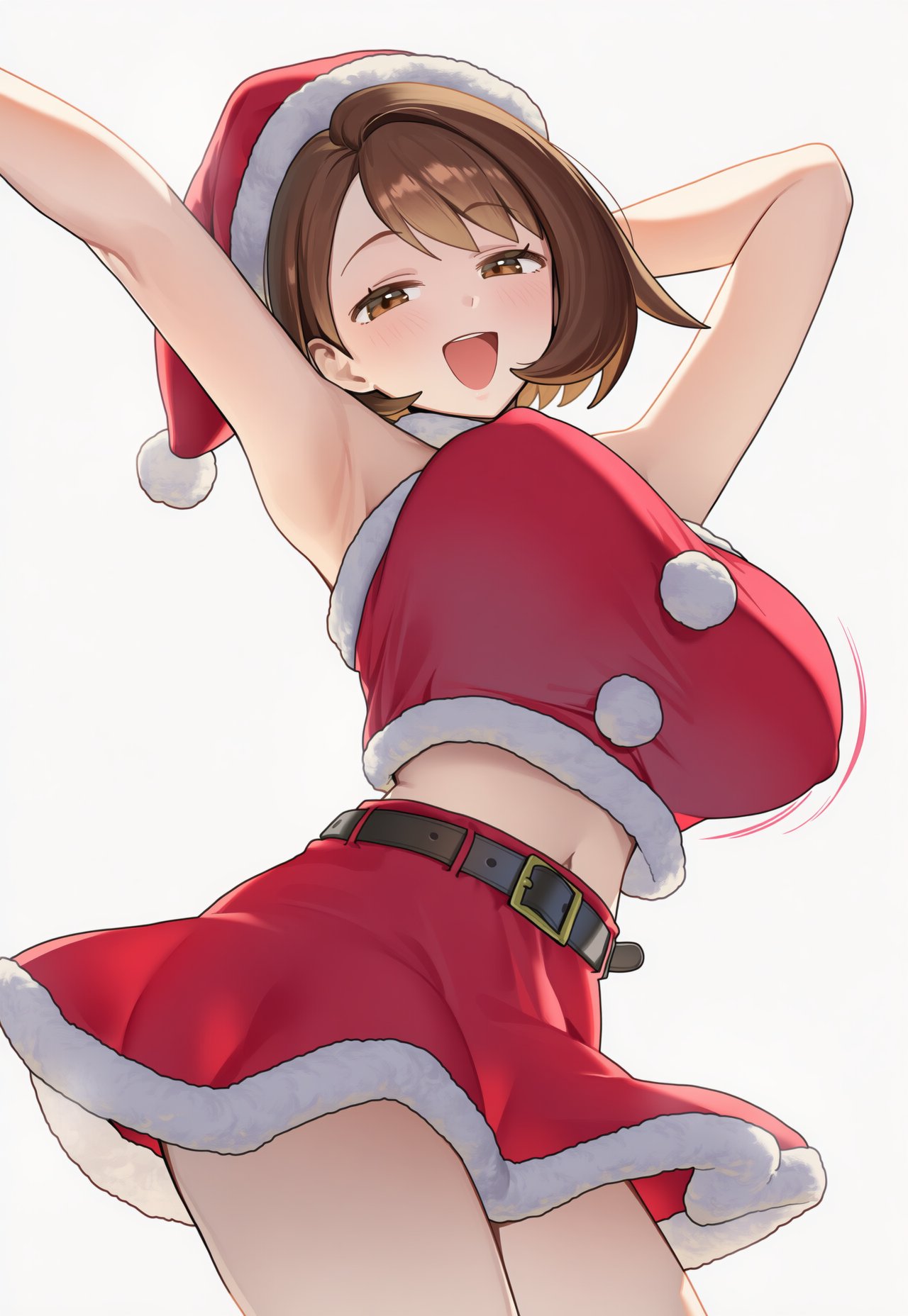 :d, 1girls, ai generated, armpits, bangs, belt, big breasts, blush, breasts, brown eyes, brown hair, christmas, christmas outfit, circle ueponzu, crop top, eyebrows visible through hair, female, fur trim, fur-trimmed headwear, fur-trimmed skirt, gloria (pokemon), hat, large breasts, looking at viewer, navel, open mouth, pokemon, pokemon ss, pom pom (clothes), red skirt, santa costume, santa hat, short hair, skirt, smile, solo, swept bangs, thighs