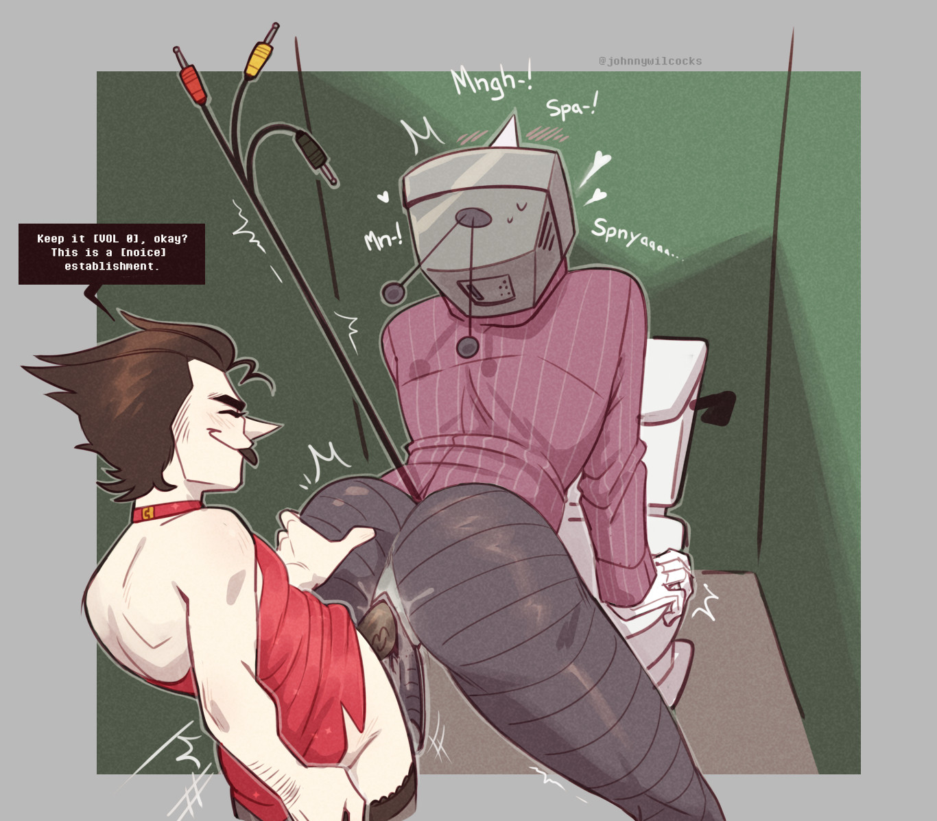 2boys, bathroom, cuntboy, cuntboy/male, deltarune, deltarune chapter 3, english text, holding ass, johnnywilcocks, moaning, penetration, spamtenna, spamton g spamton, striped shirt, tenna (deltarune)