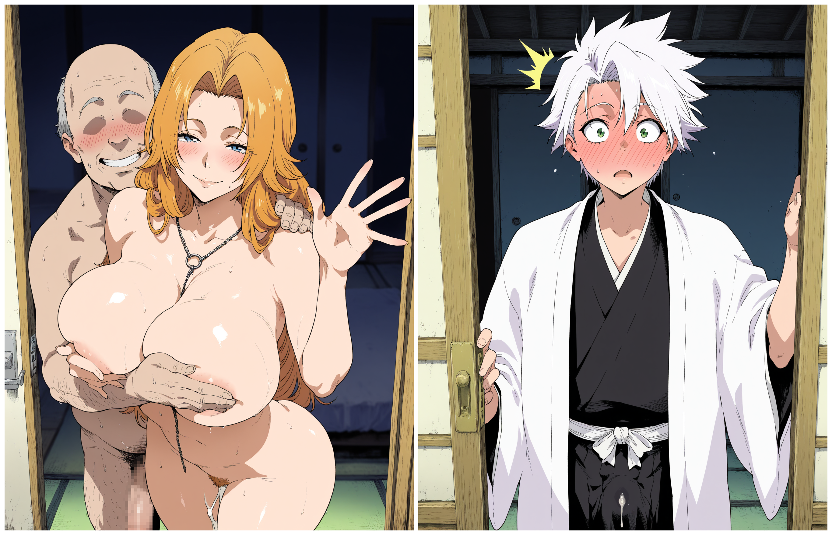 1girls, 2boys, after sex, ai generated, bleach, bleach: the thousand-year blood war, blush, boss and subordinate, breasts, caught, caught in the act, censored penis, covering breasts, cum, cum between legs, cum in pants, cum under clothes, curvy, curvy female, curvy figure, ejaculation, embarassed male, embarrassed, female, greeting, haniodon, huge breasts, kimono, large breasts, light-skinned female, light-skinned male, male, matsumoto rangiku, multiple males, multiple penises, old male, opening door, penis, premature ejaculation, pubic hair, shocked, shocked expression, surprised, surprised expression, toshiro hitsugaya, voluptuous, voluptuous female
