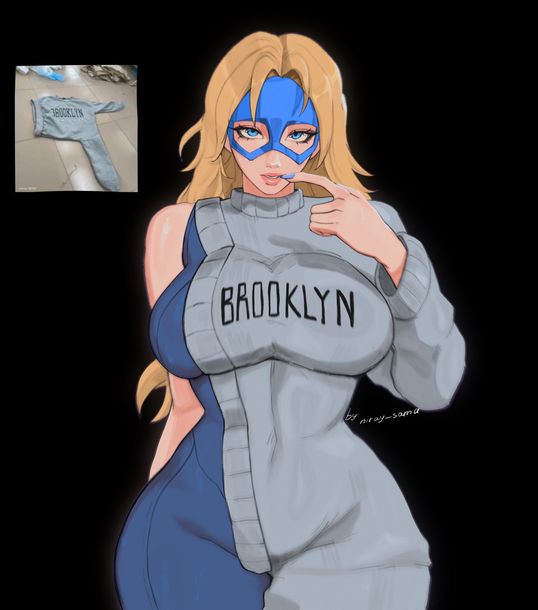 1girls, alternate version available, blonde blazer, breasts, brooklyn sweater, dispatch (game), english text, female, female focus, female only, large breasts, light skin, light-skinned female, niray sama, solo, text, thick thighs, thighs, wide hips