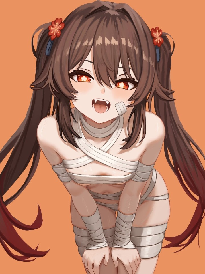 ai generated, brown hair, fangs, flower in hair, genshin impact, hu tao (genshin impact), looking at viewer, open, open mouth, orange eyes, star eyes