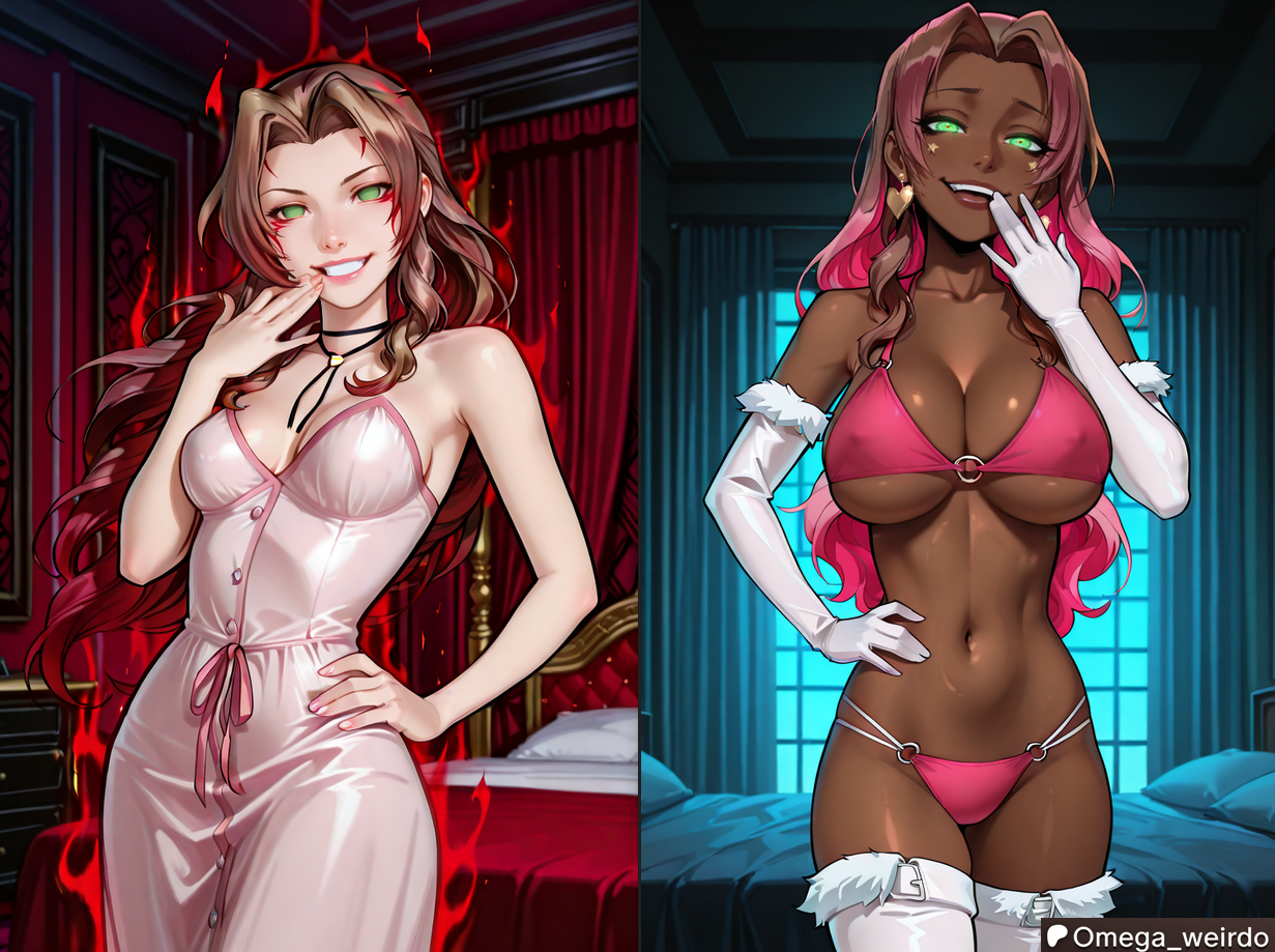 aerith gainsborough, ai generated, bed, bedroom, bikini, boots, brown hair, corrupted, corruption, crazy eyes, crazy smile, dark aura, dark skin, dark-skinned female, earrings, ebonization, empty eyes, evil eyes, evil grin, evil smile, face markings, female, final fantasy, final fantasy vii, glowing eyes, green eyes, hair down, hand on hip, hand to own mouth, indoors, laugh, laughing at viewer, long hair, medium breasts, multicolored hair, navel, necklace, omega weirdo, patreon, pink dress, pink hair, race swap, sleeves, slutification, smug, solo, solo female, wavy hair