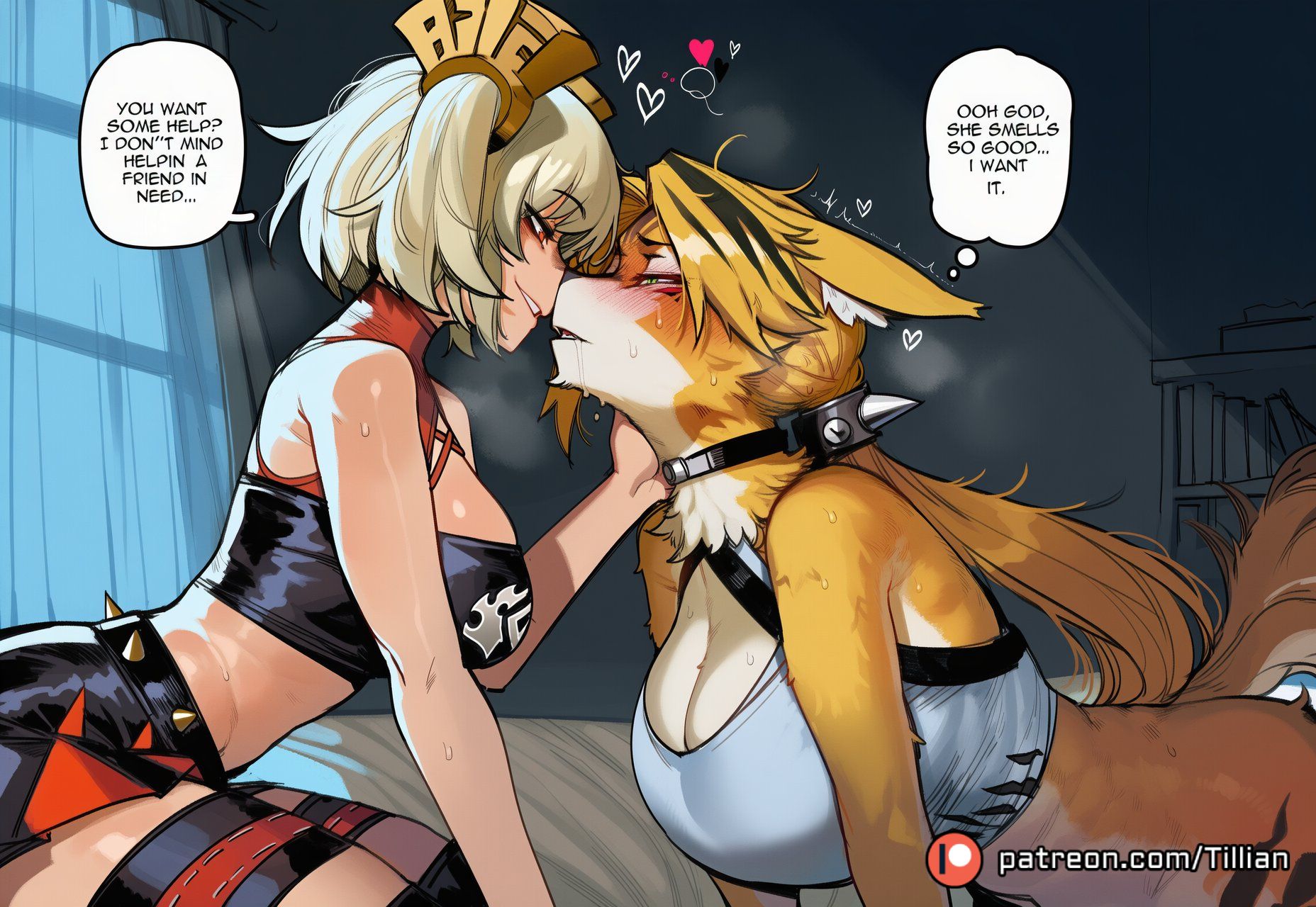 2girls, ai generated, animal ears, animal nose, bare shoulders, black skirt, blonde hair, blush, body fur, breasts, burnice white, cleavage, collar, crop top, dog ears, dog tail, english text, eye contact, face-to-face, furry, furry female, furry with furry, furry with non-furry, green eyes, hand on another's chin, heart, imminent kiss, indoors, interspecies, large breasts, long hair, looking at another, midriff, multicolored hair, multiple girls, orange fur, parted lips, patreon username, pulchra fellini, short hair, skirt, speech bubble, spiked collar, spiked hairband, spikes, sweat, tail, thigh strap, thought bubble, tillian, twintails, white hair, yuri, zenless zone zero