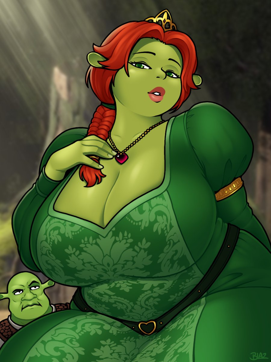 1boy1girl, 1girl1boy, 2020s, 2025, 2025s, alternate breast size, bbw, big breasts, blazbaros, braided hair, breasts, canon couple, character in background, chubby, chubby female, cleavage, dreamworks, dreamworks animation, dress, golden tiara, green body, green dress, green eyes, jpeg, looking at viewer, necklace, ogre, ogre female, ogre girl, ogres, ogress fiona, pink lips, plump, plump breasts, plump lips, princess, princess fiona, princess fiona (ogre), red hair, red necklace, screencap background, shiny skin, shrek, shrek (series), swamp, thick thighs, tiara, twitter link, watermark