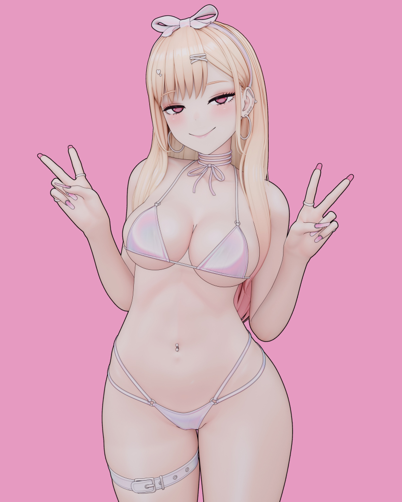 3d, belly button piercing, bikini, blonde hair, gyaru, half-closed eyes, kitagawa marin, kleymir, long hair, long nails, pussy visible through bikini, smiling, sono bisque doll wa koi wo suru, v sign