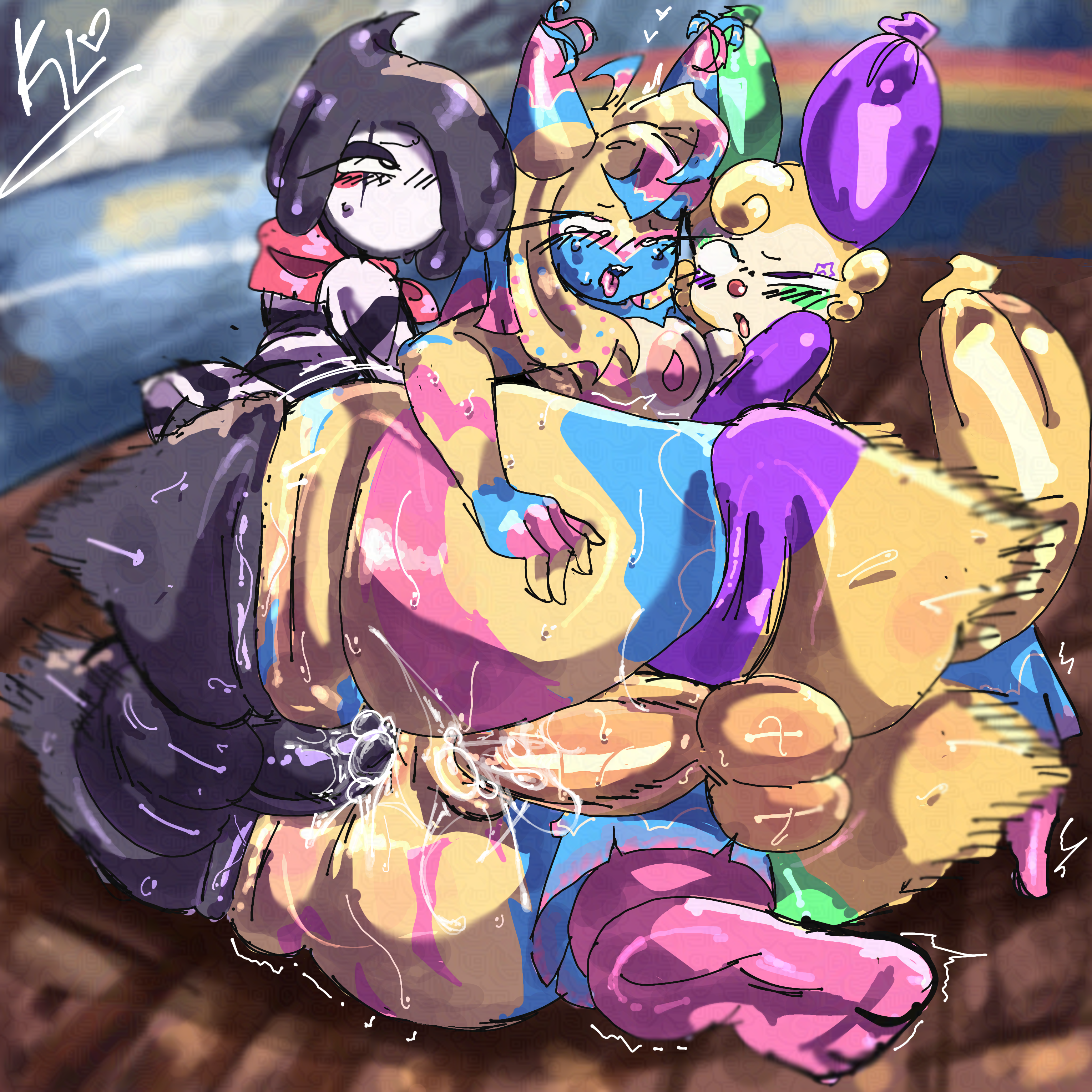 1girl2boys, anal penetration, anal sex, balloon, balls, big ass, big butt, blot (dandy's world), dandy's world, double penetration, kirstylunchh, looey (dandy's world), mime, pinata, pink feet, trio, vaginal penetration, vaginal sex, yatta (dandy's world)