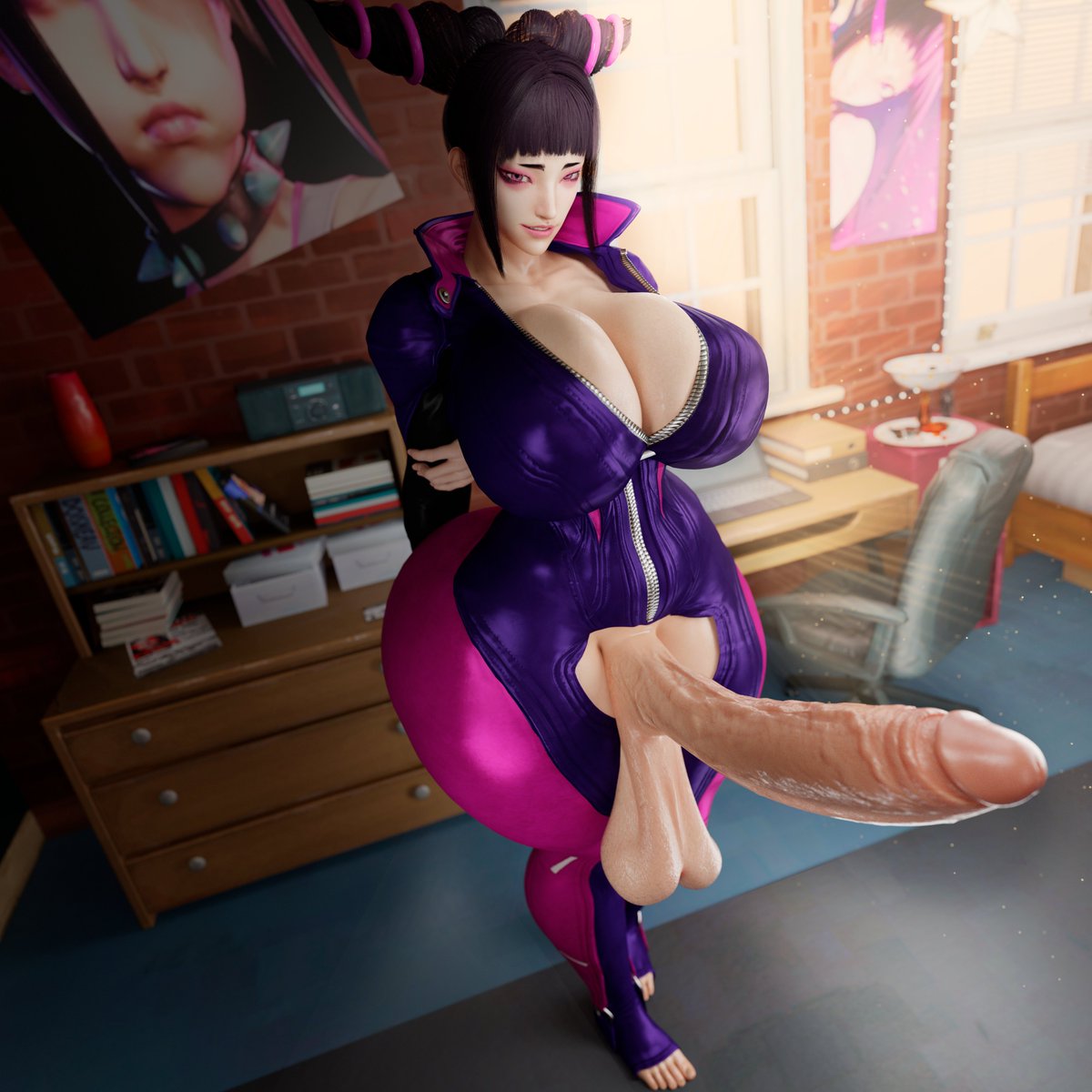 1futa, 3d, big ass, big breasts, capcom, futa only, futanari, hotsteak, huge cock, juri han, pale-skinned female, street fighter, thick thighs