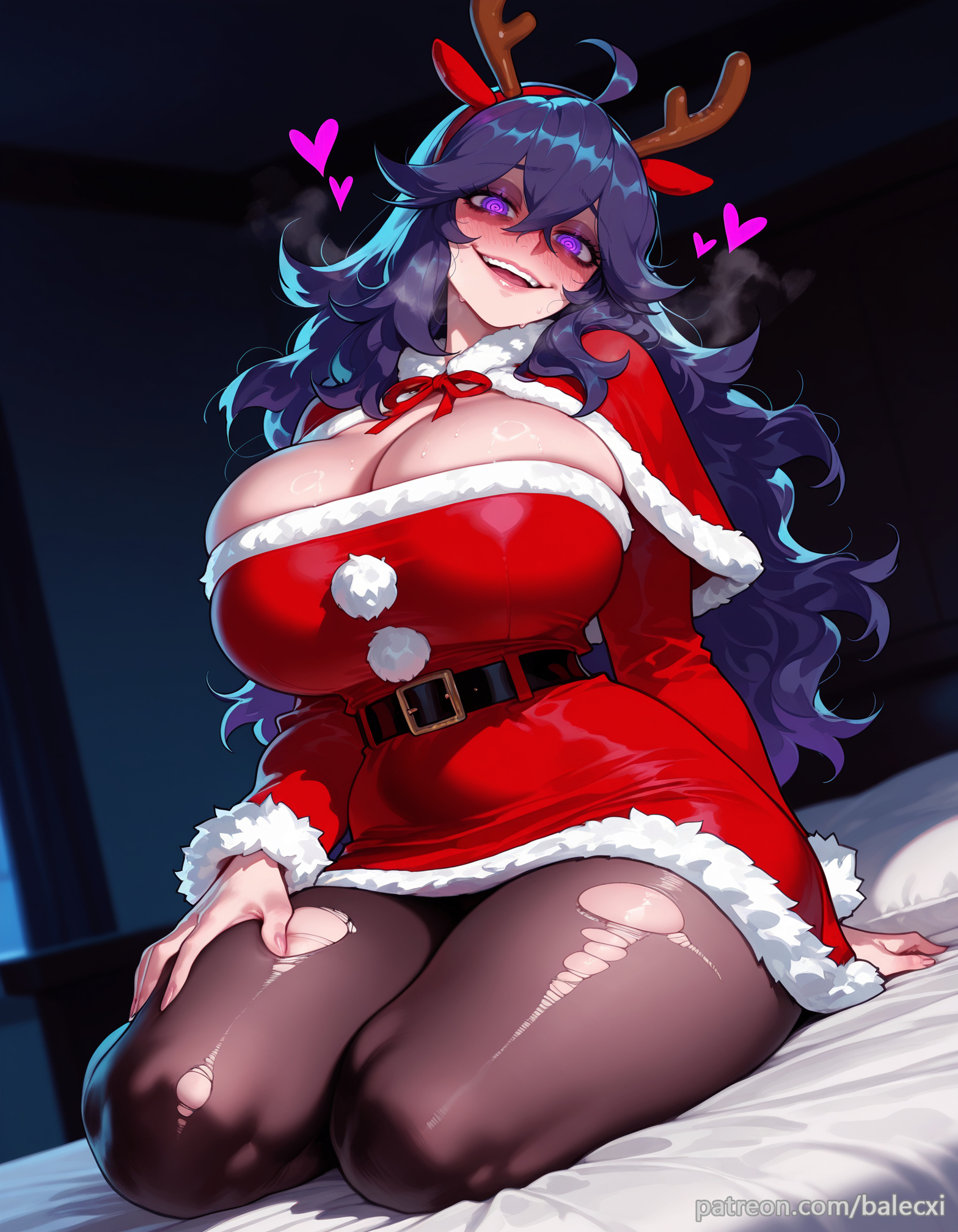 @ @, ahoge, ai generated, alternate breast size, balecxi, belt, blush, christmas, cleavage, dress, female, fur trim, heart, hex maniac, hex maniac (pokemon), horns, huge breasts, long hair, looking at viewer, messy hair, open mouth, pokemon, pokemon xy, purple eyes, purple hair, reindeer antlers, sitting, smile, solo, thighs, torn clothes, torn pantyhose