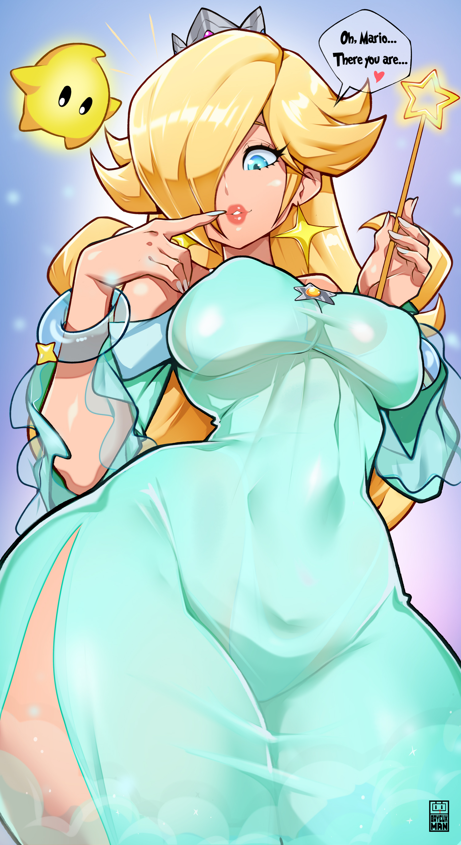 1girls, artist name, bayeuxman, big breasts, blonde hair, blue dress, blue eyes, breasts, cleavage, dress, female, fully clothed, large breasts, light skin, light-skinned female, long hair, luma, mario (series), nintendo, pale skin, pale-skinned female, patreon username, princess dress, princess rosalina, shoes, super mario galaxy, text, transparent clothing, watermark